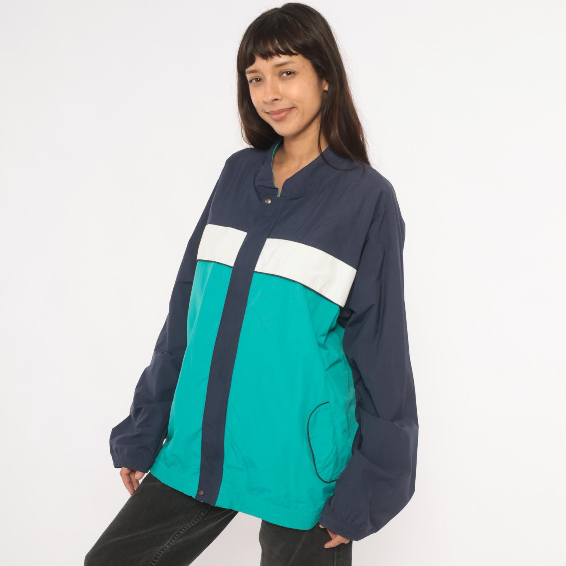 90s Tourney Colorblock Windbreaker Teal Navy White Snap Jacket Extra Large XL