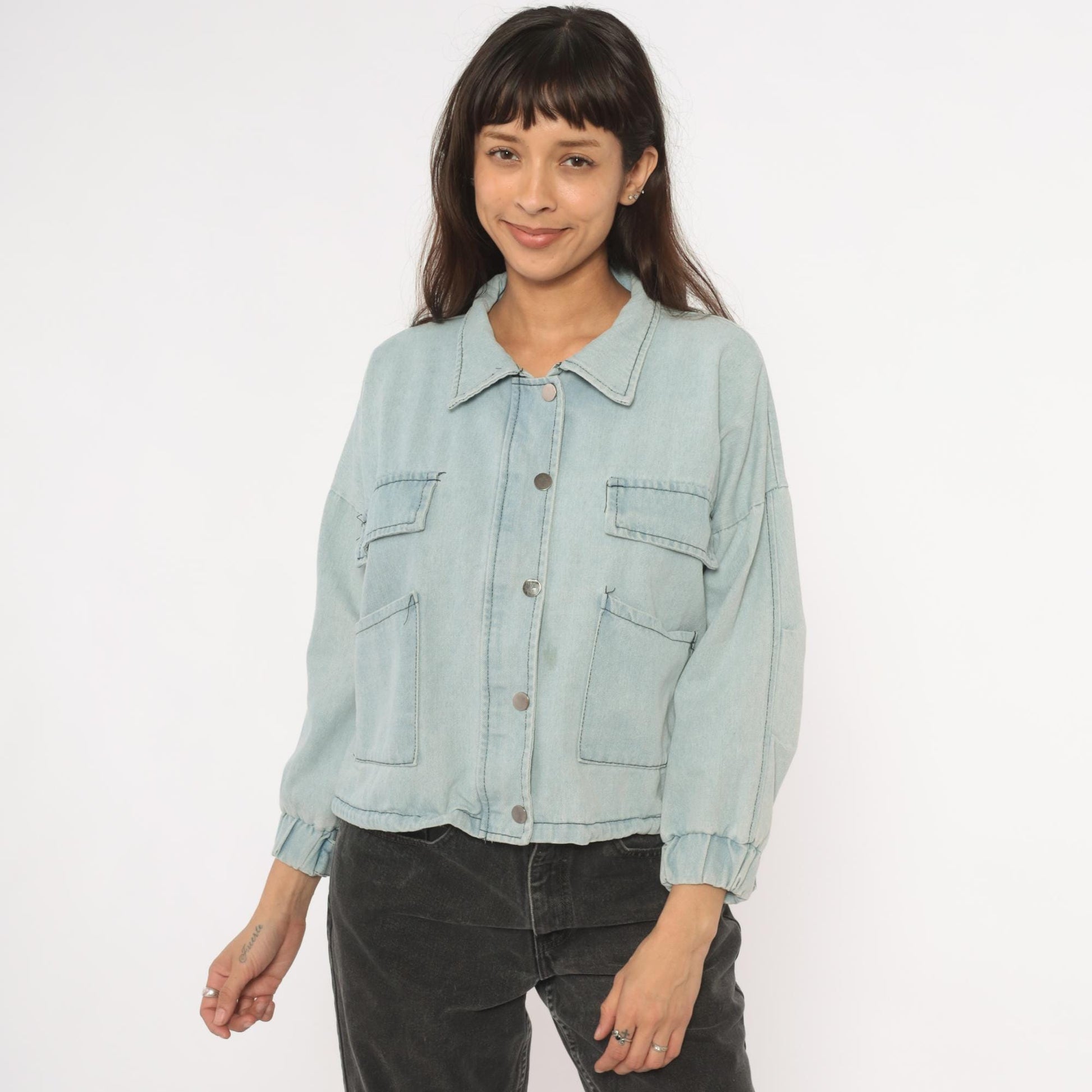 2000s Wang Luo Niu Za Light Wash Denim Crop Jacket Powder Blue Small S