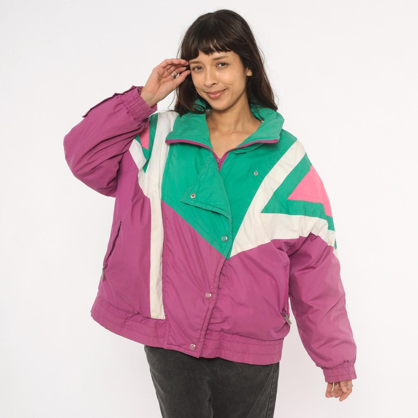 90s Kaos Ski Jacket Colorblock Teal Pink Purple Geometric Puffer Large L