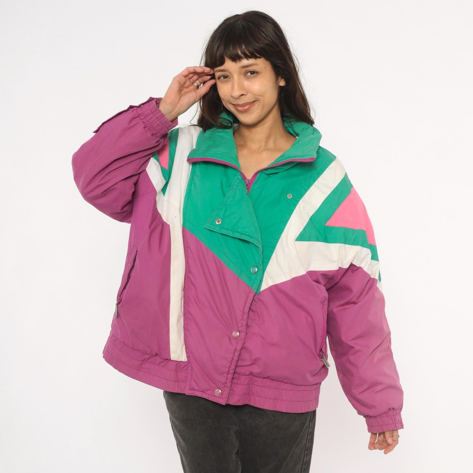 90s Kaos Ski Jacket Colorblock Teal Pink Purple Geometric Puffer Large L