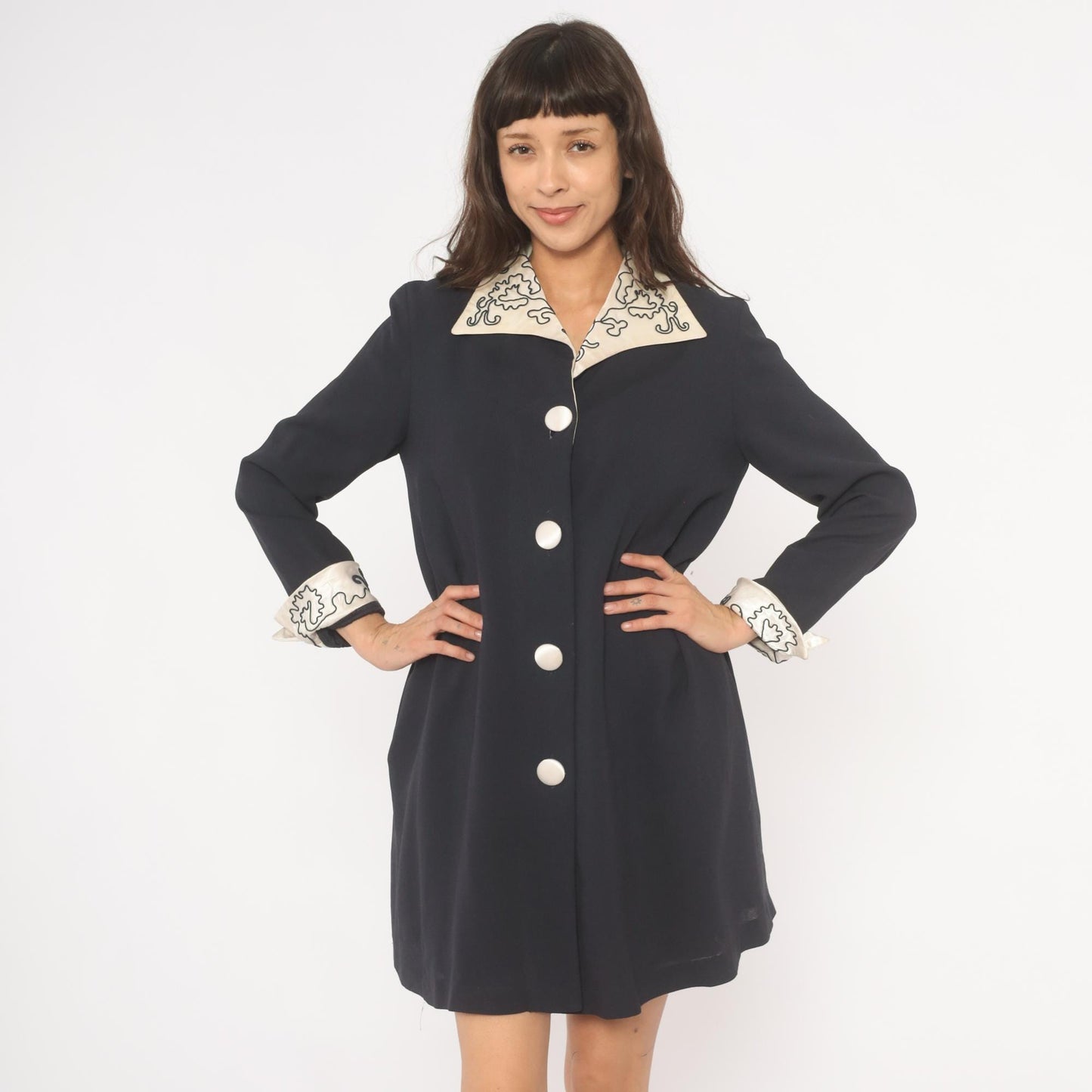 90s Navy Coat Dress Embroidered Ivory Collar White Dome Buttons Medium M