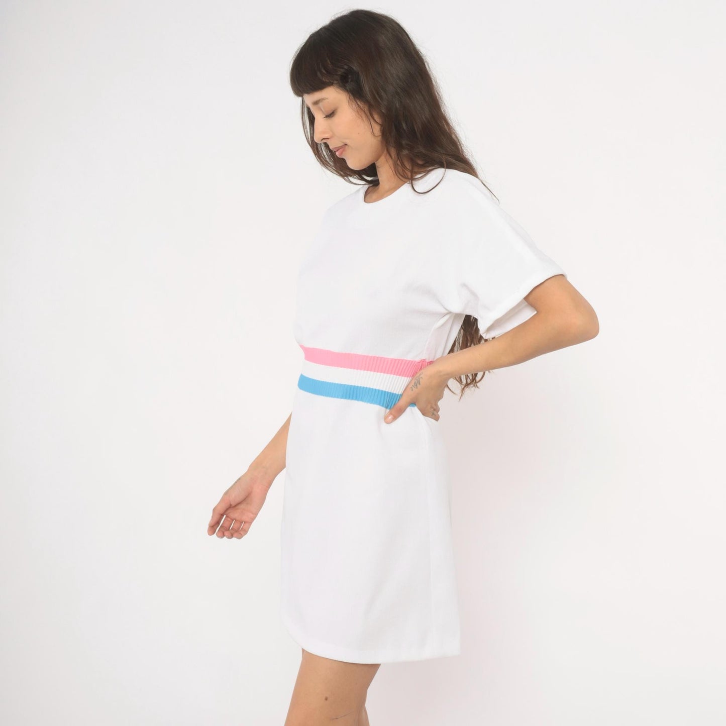 70s White Striped Ribbed Knit Pullover Dress Pink Blue A-Line Knee Length Large L