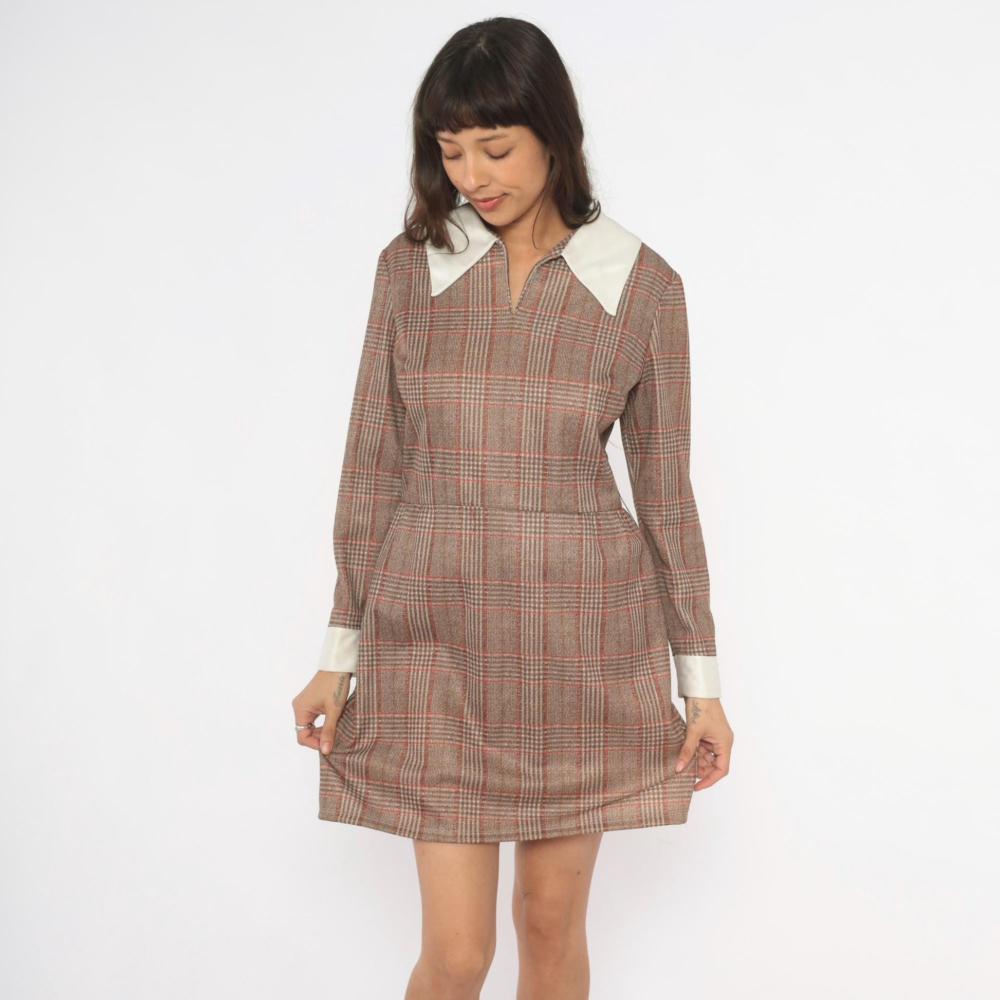 70s Glen Plaid Mini Dress Tan Rust Brown Pointed Collar Long Sleeve Medium M