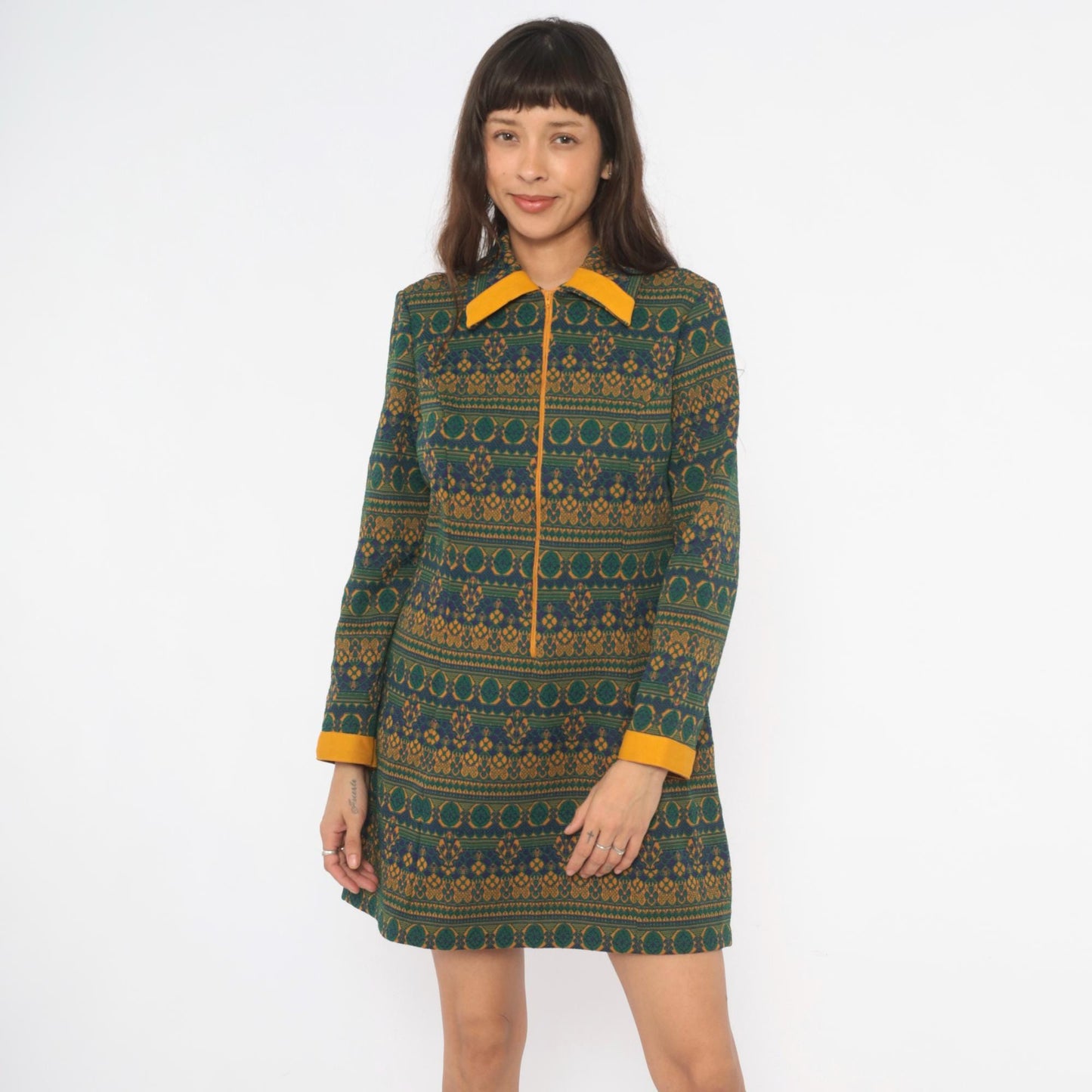 70s NPC Fashions Tapestry Mini Dress Forest Green Gold Jacquard Zip Collar Large L