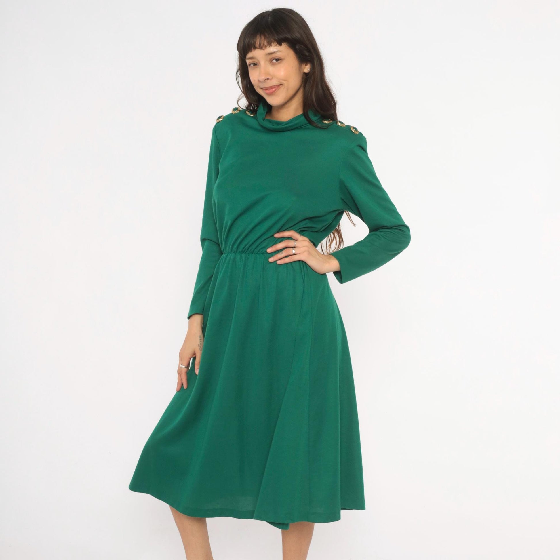 80s Impromptu Emerald Cowl Neck Midi Dress Gold Button Long Sleeve Large L