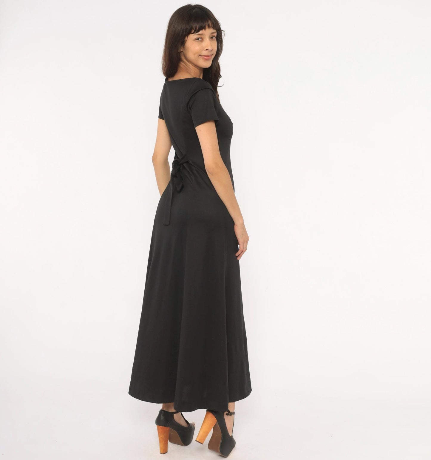 90s Black Maxi Dress V Neck Short Sleeve A Line Formal Gown Small S