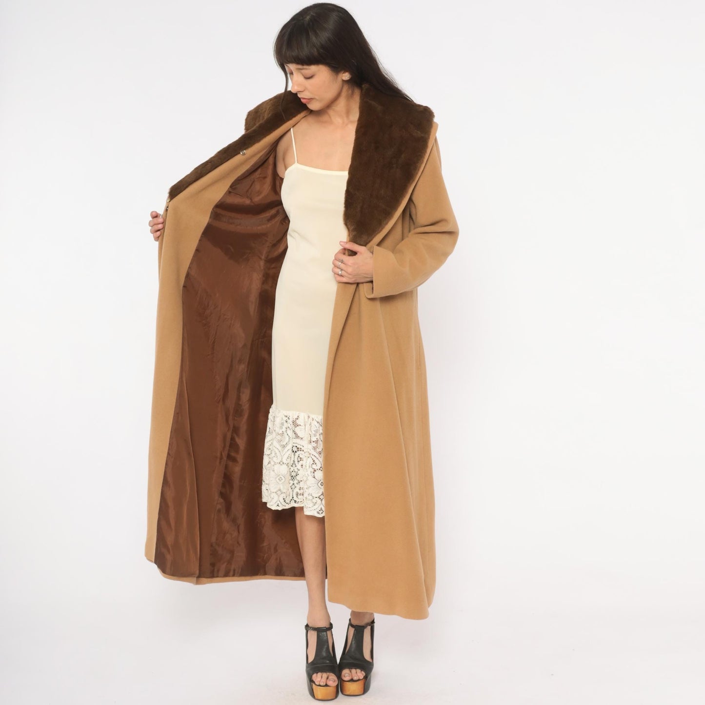 90s Spiegel Wool Cashmere Camel Coat Fur Collar Ankle Length Tan Medium M