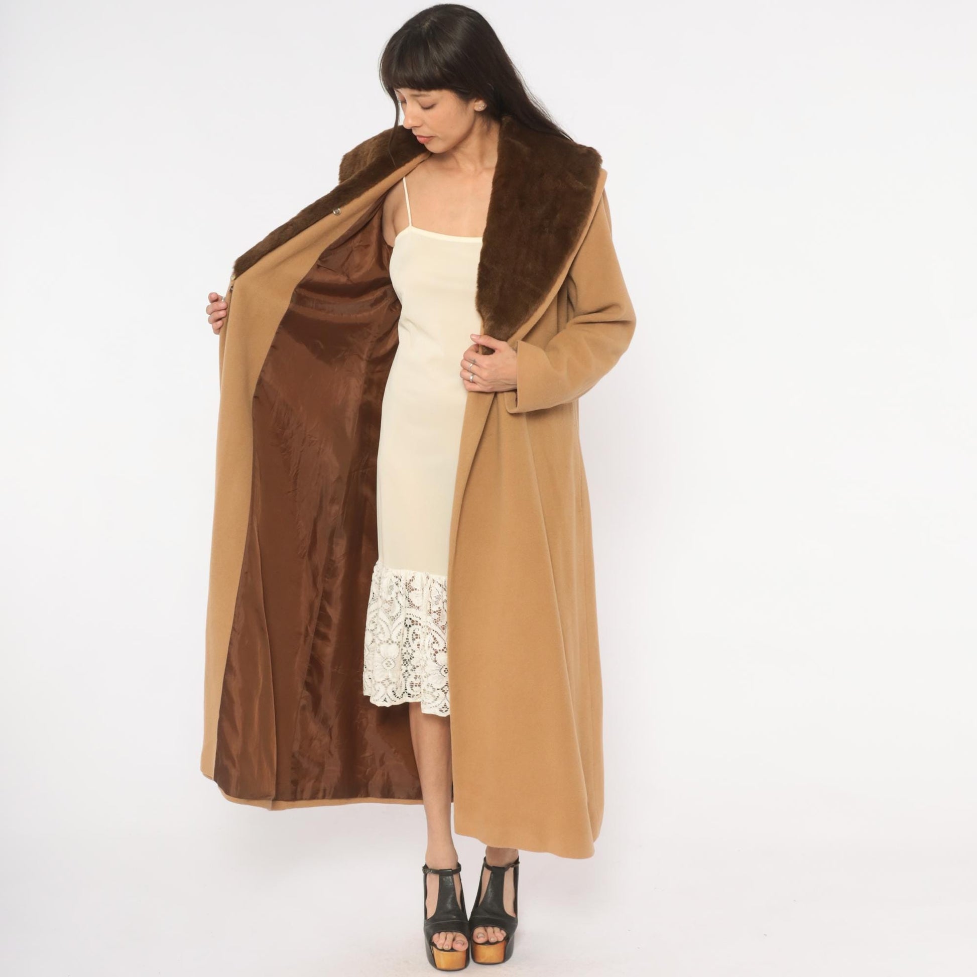 90s Spiegel Wool Cashmere Camel Coat Fur Collar Ankle Length Tan Medium M