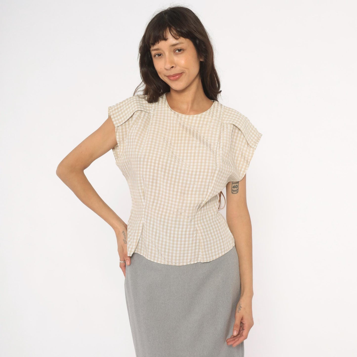 80s Componix Gingham Cap Sleeve Blouse Tan White Pintuck Peplum Medium