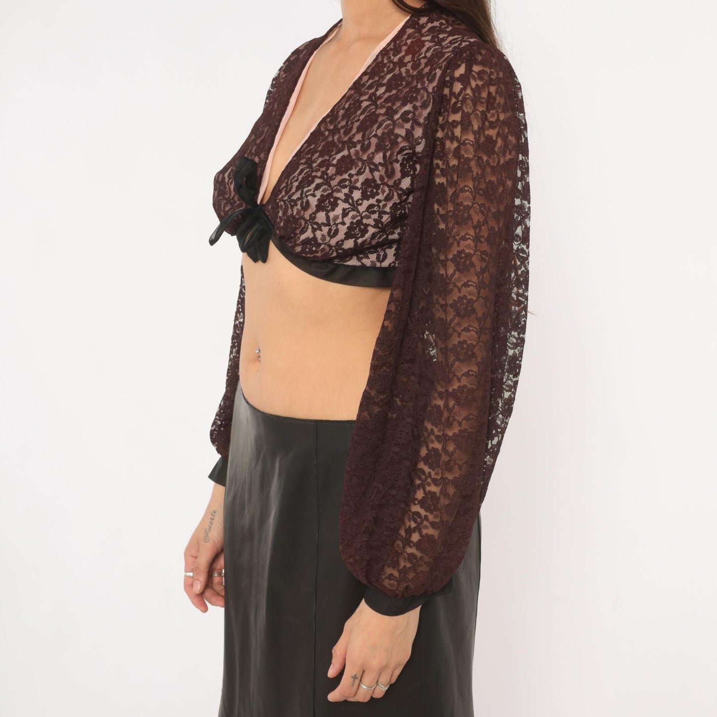 70s Rovel of California Black Lace Crop Top Tie Front Deep V Neck Bishop Sleeve Small