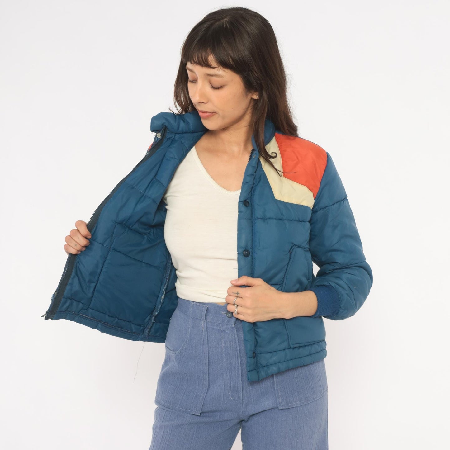 70s Navy Orange Cream Chevron Puffer Jacket Quilted Bomber Ski Coat XS