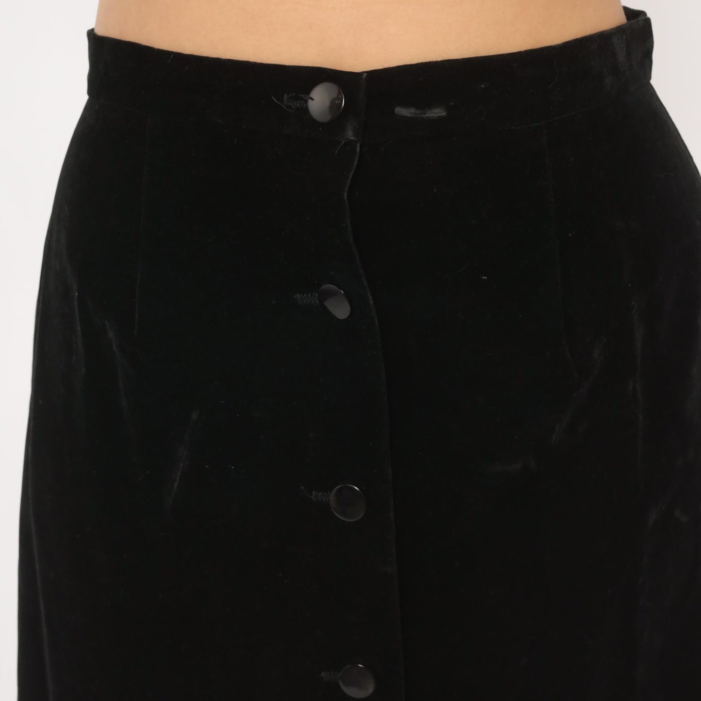 90s Black Velvet Maxi Skirt Button Front A-Line High Waist Small S