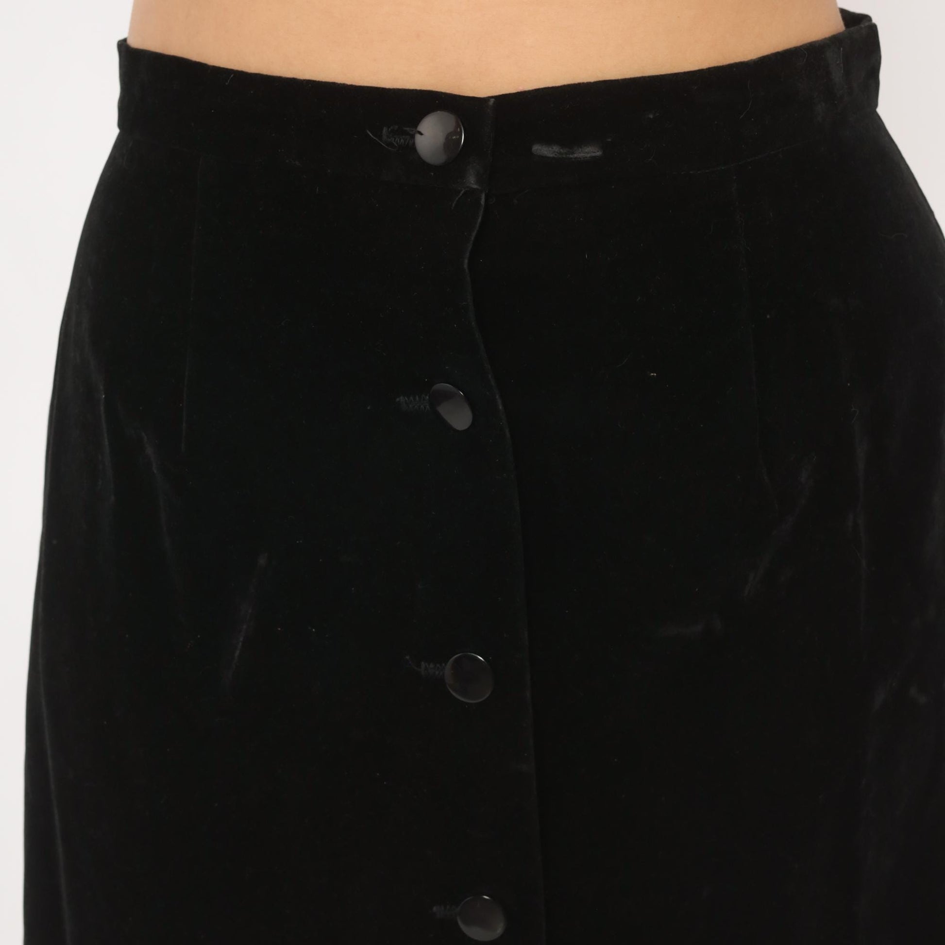 90s Black Velvet Maxi Skirt Button Front A-Line High Waist Small S