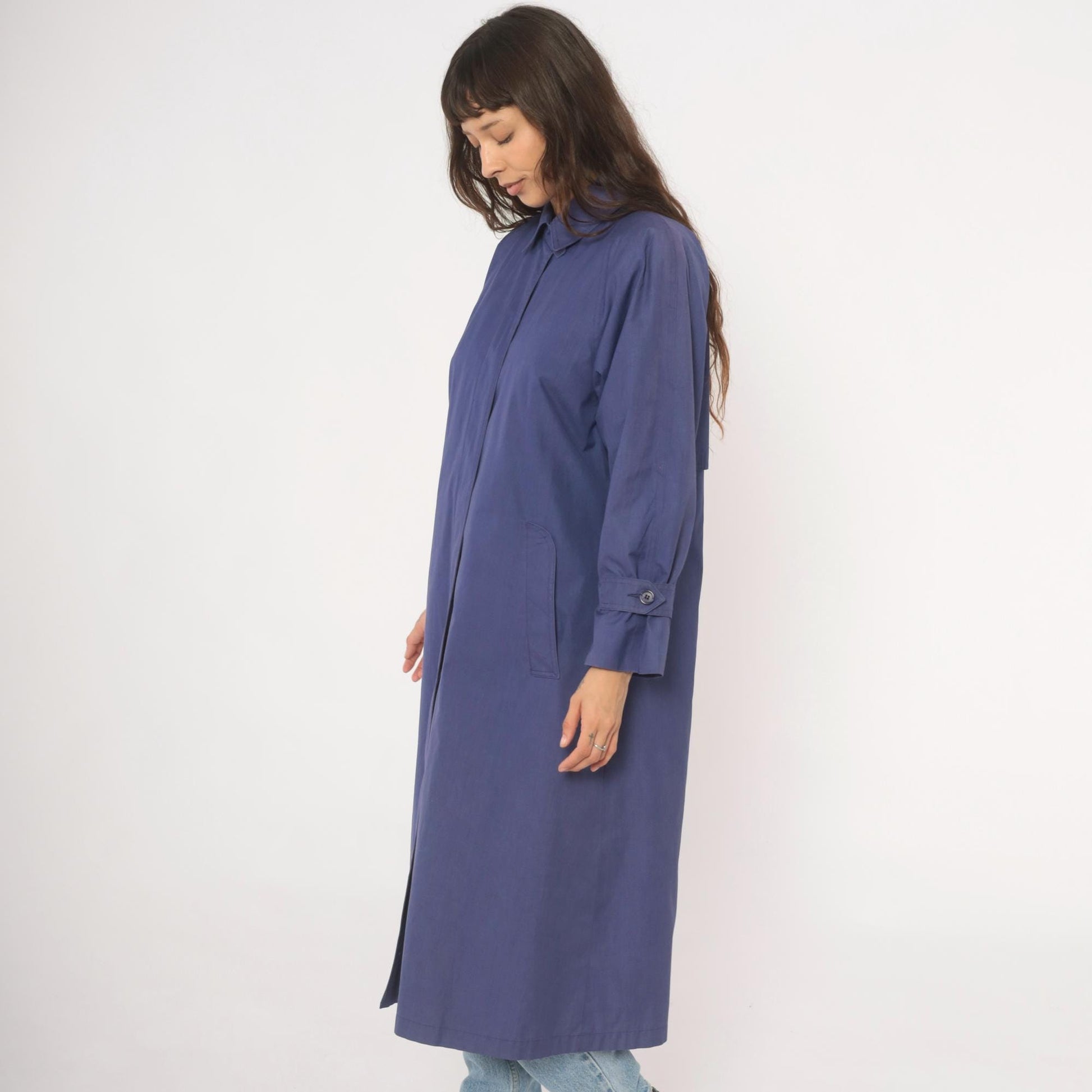 80s London Fog Periwinkle Trench Coat Cotton Midi Duster Medium M