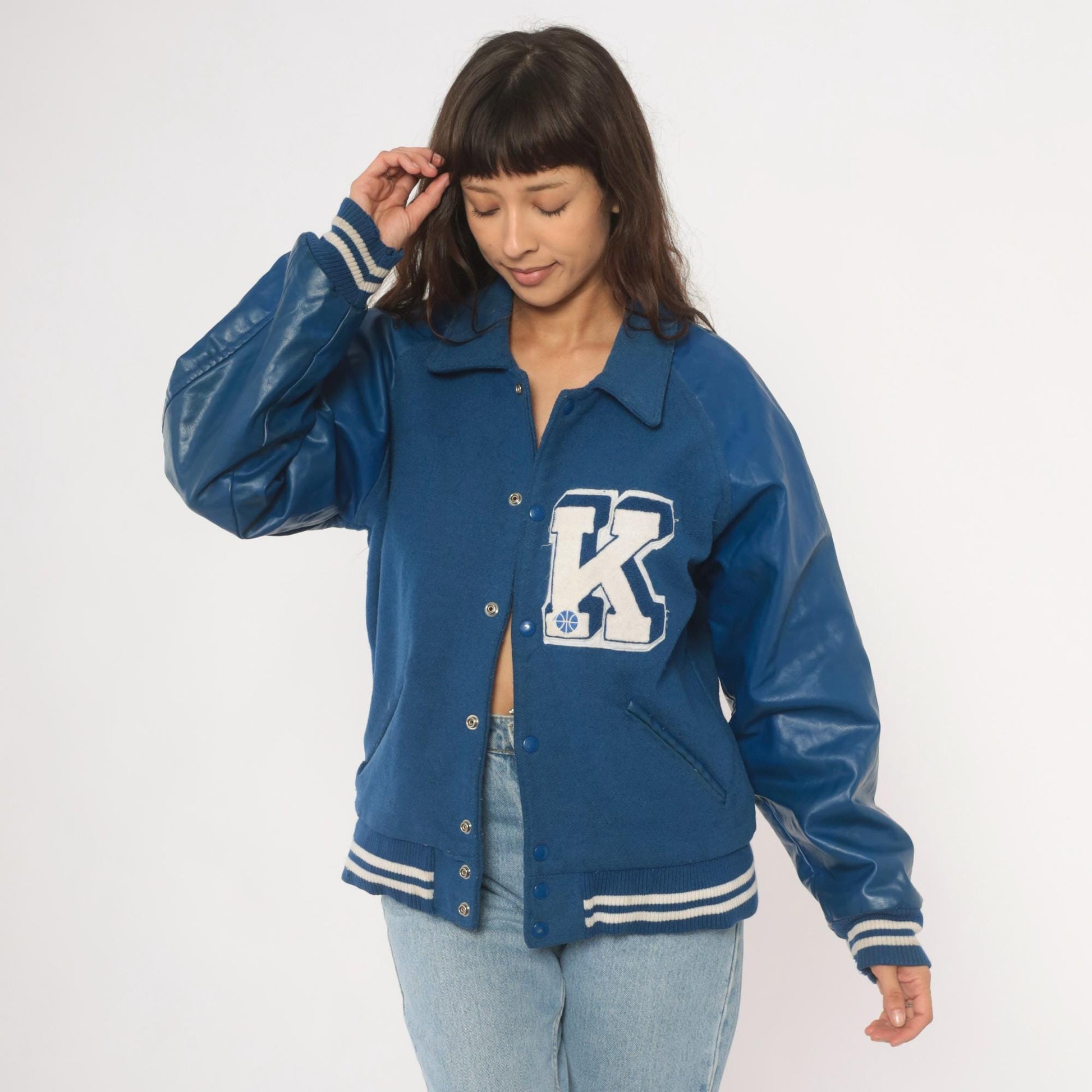 90s Reebok Varsity Jacket Wool Leather Letterman Blue Navy White Medium M