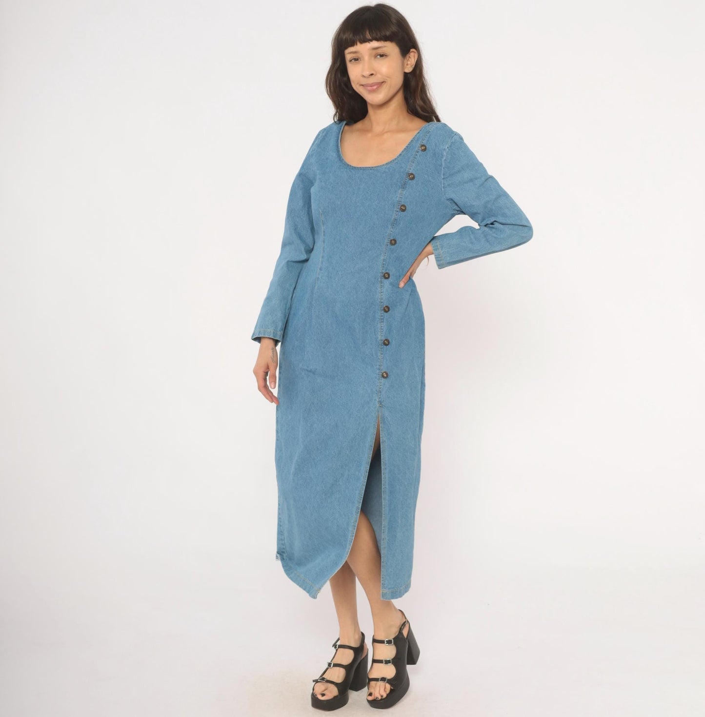 90s Switch USA Light Blue Denim Midi Dress Cotton Long Sleeve Medium M