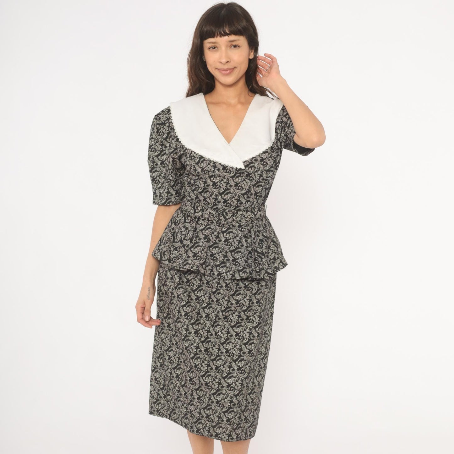 90s Miss Dorby Peplum Dress Black White Scroll Print V-Neck Puff Sleeve Large L