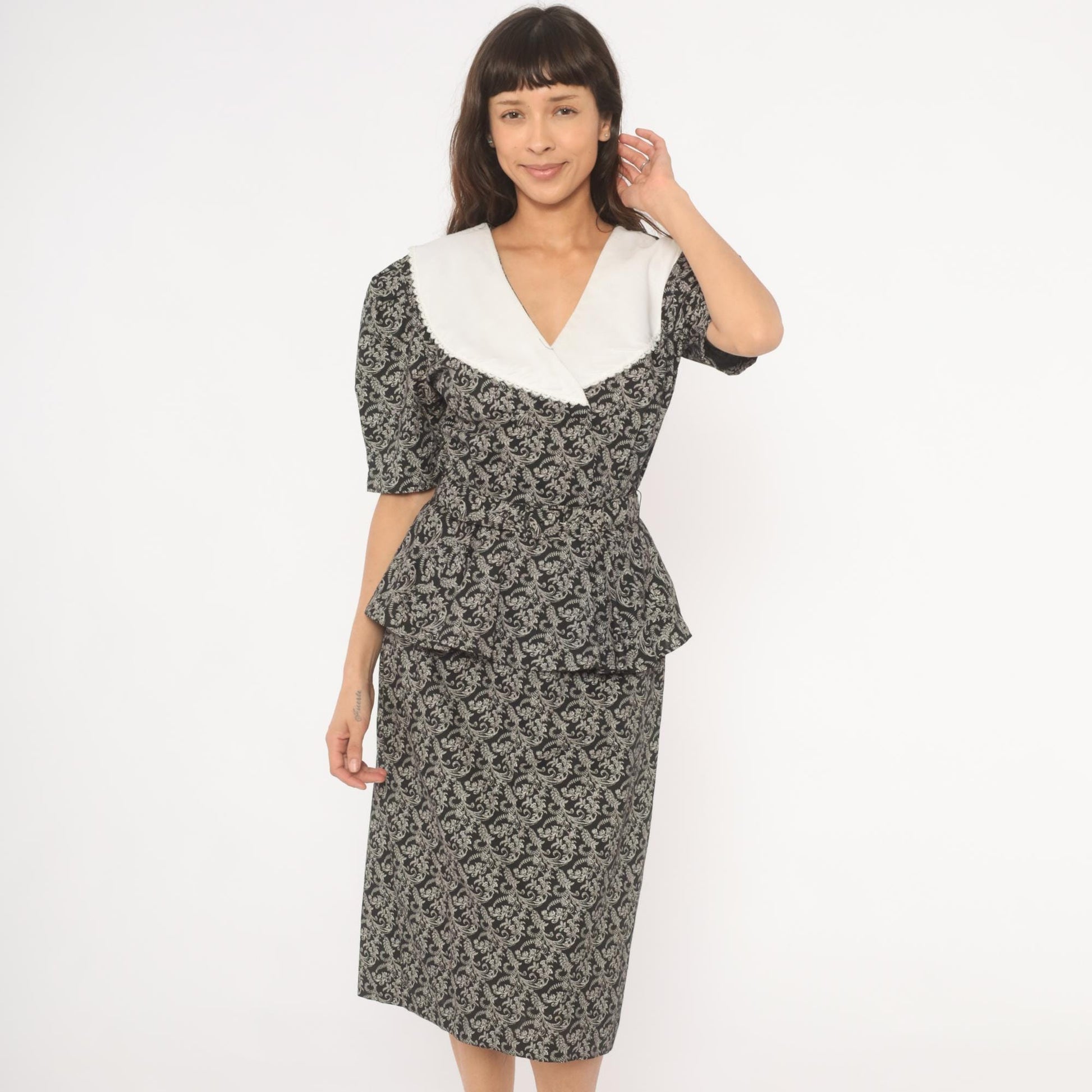 90s Miss Dorby Peplum Dress Black White Scroll Print V-Neck Puff Sleeve Large L