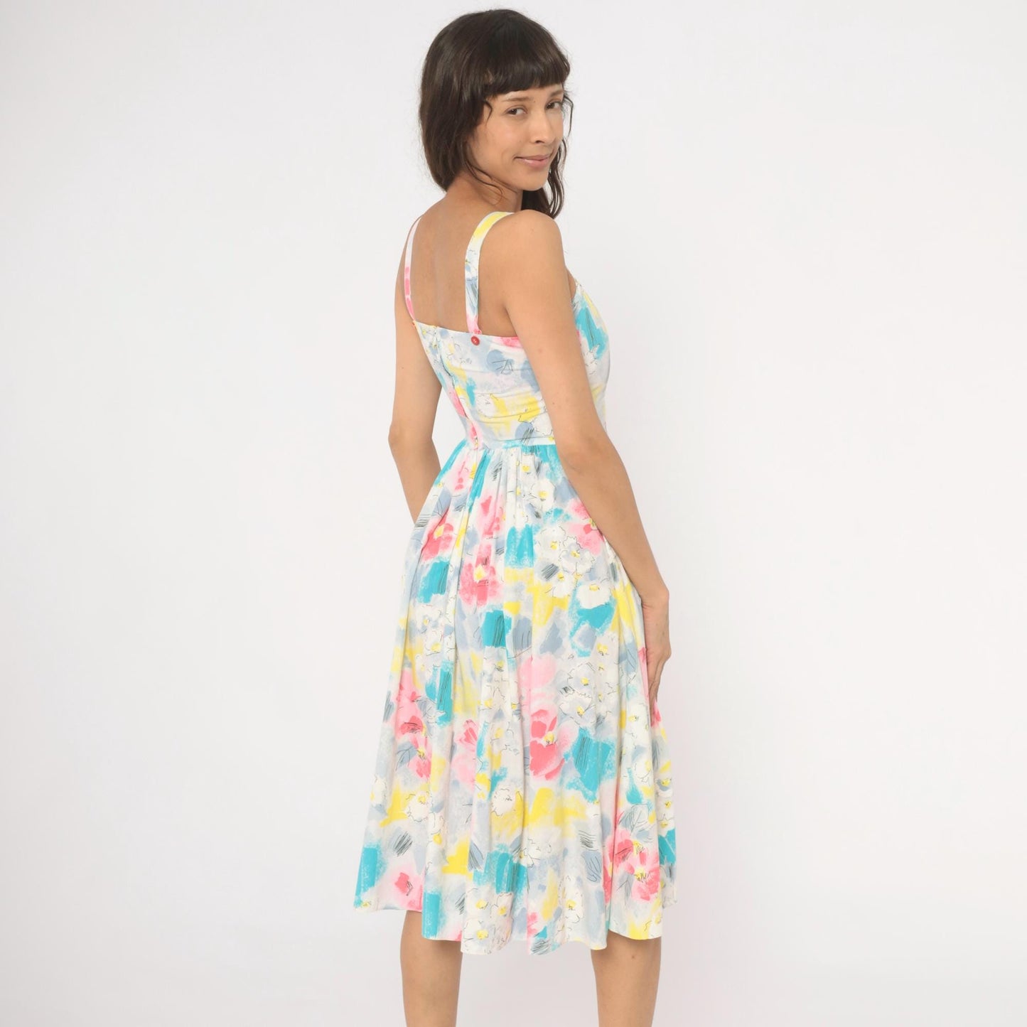 80s Pea Patch Watercolor Floral Sundress Sweetheart Basque Waist Small