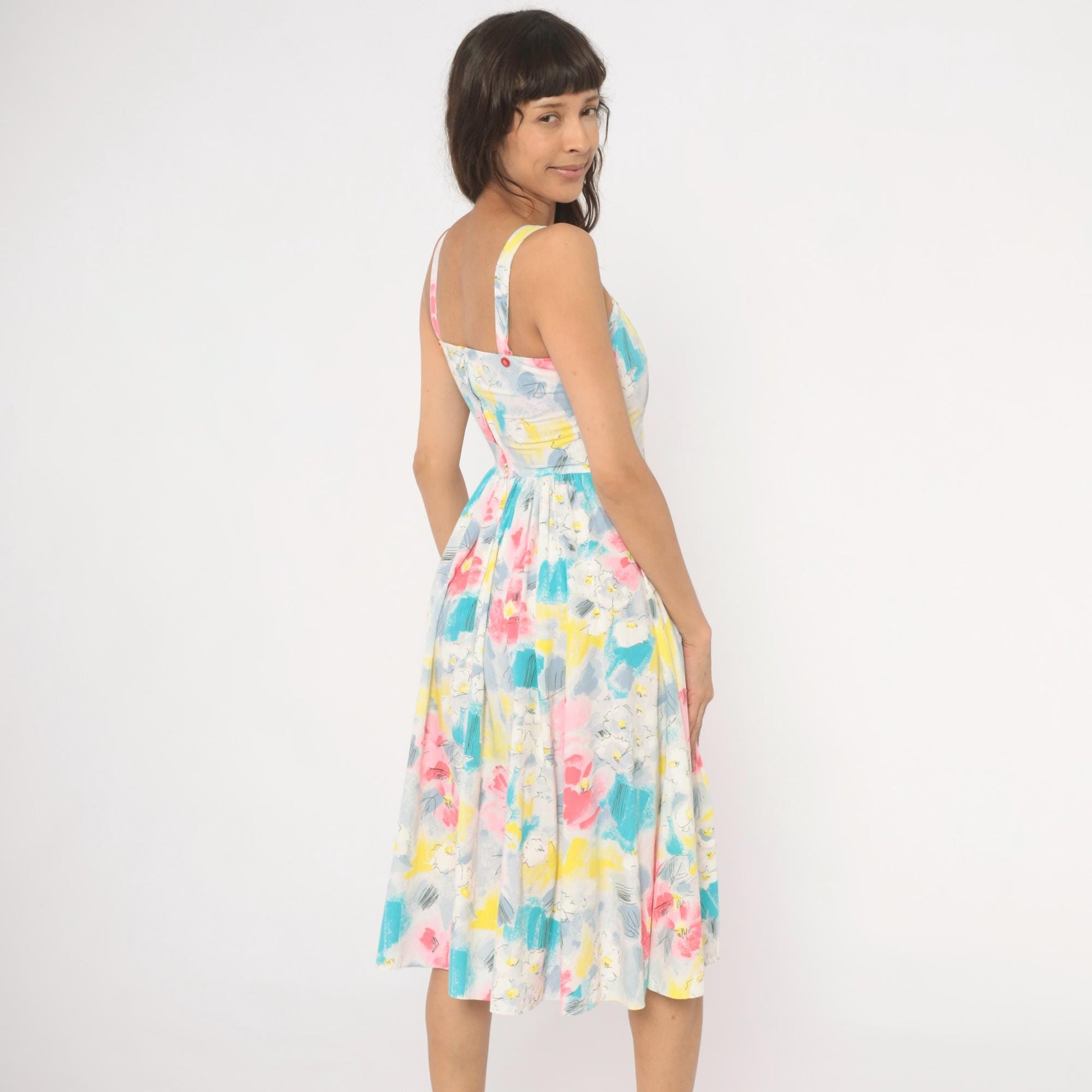 80s Pea Patch Watercolor Floral Sundress Sweetheart Basque Waist Small