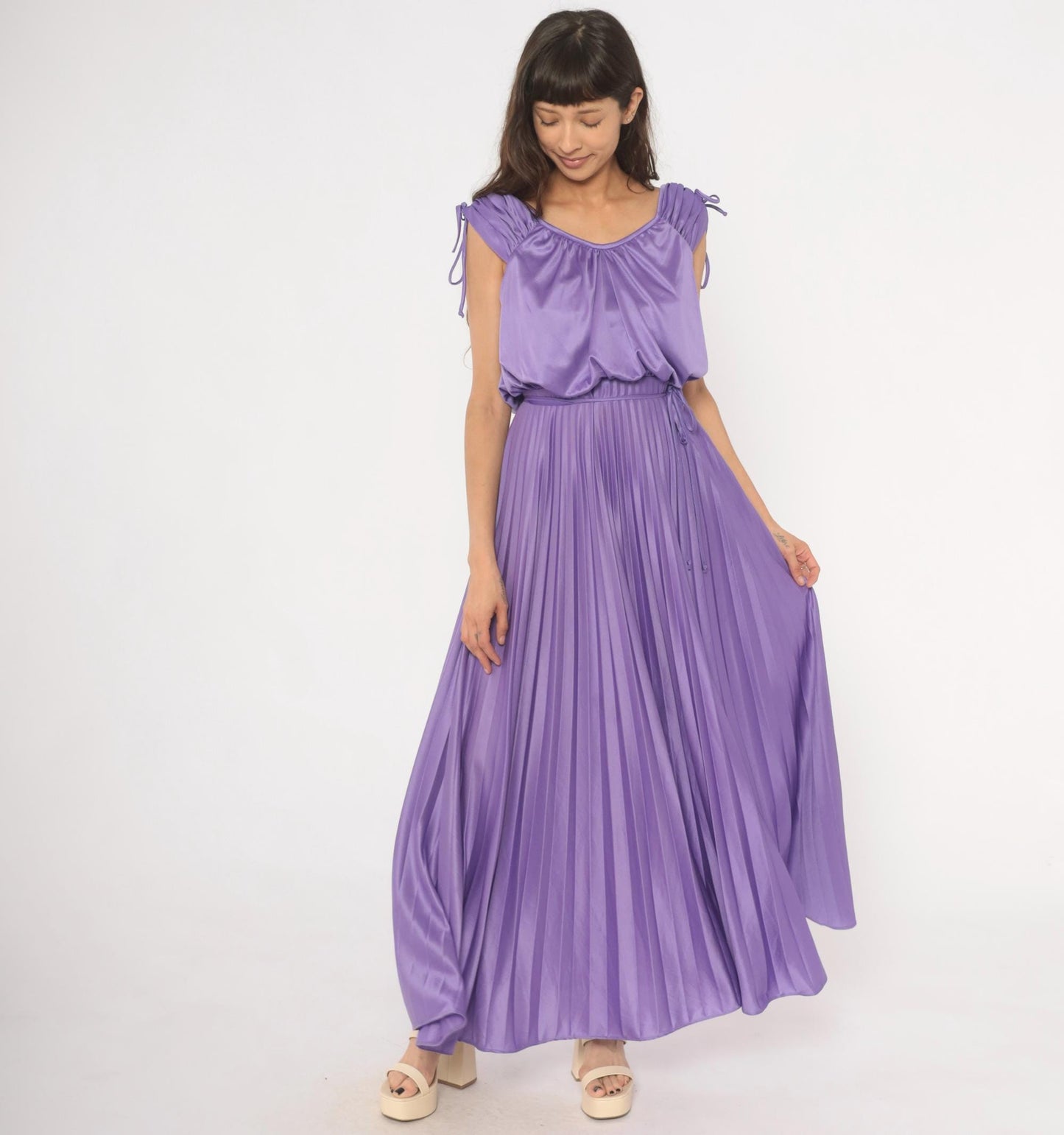 70s Lavender Pleated Maxi Dress Satin Blouson Bodice Tie Shoulder Small S