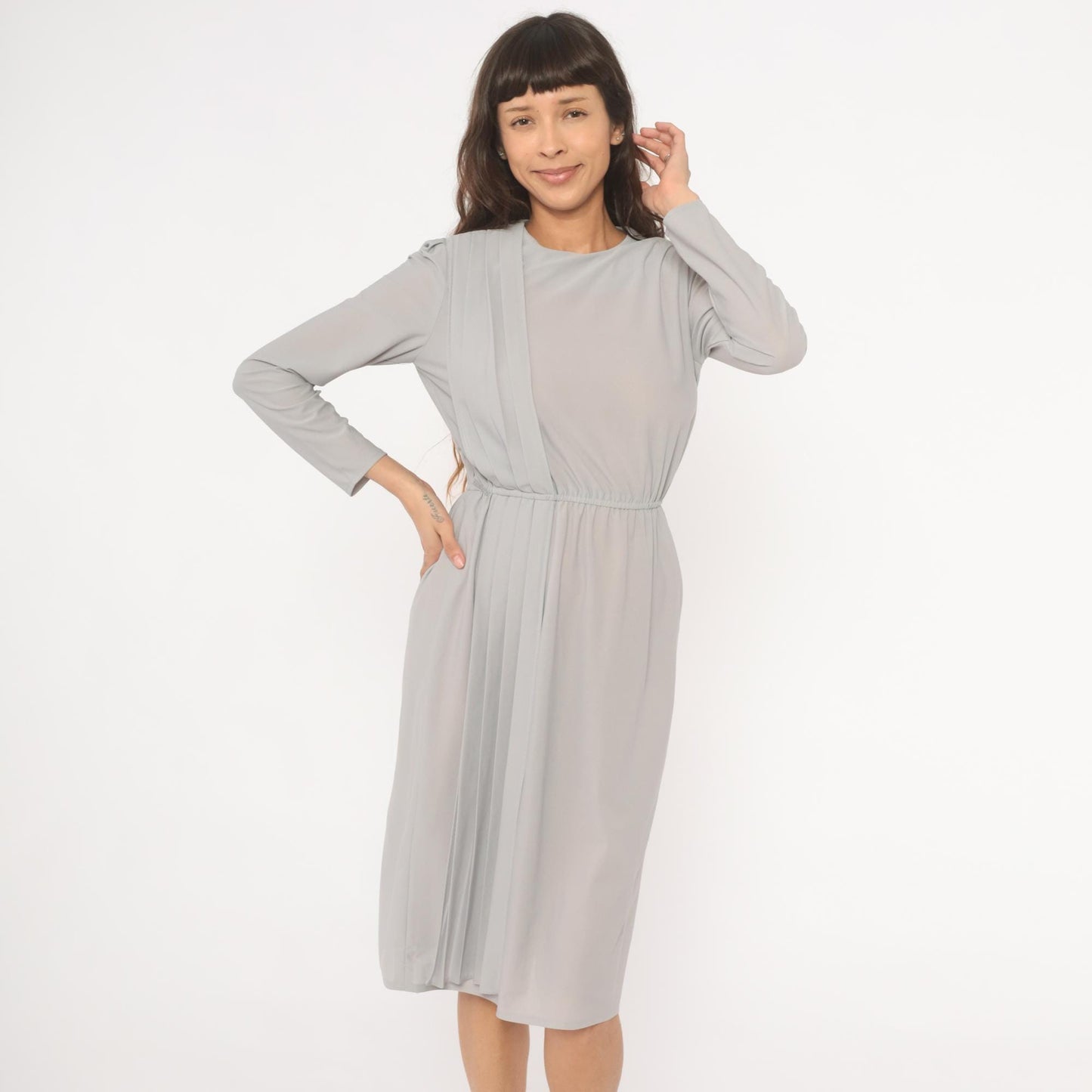 80s Grey Pleated Front Dress Pearl Button Back Long Sleeve Knee Length Small S