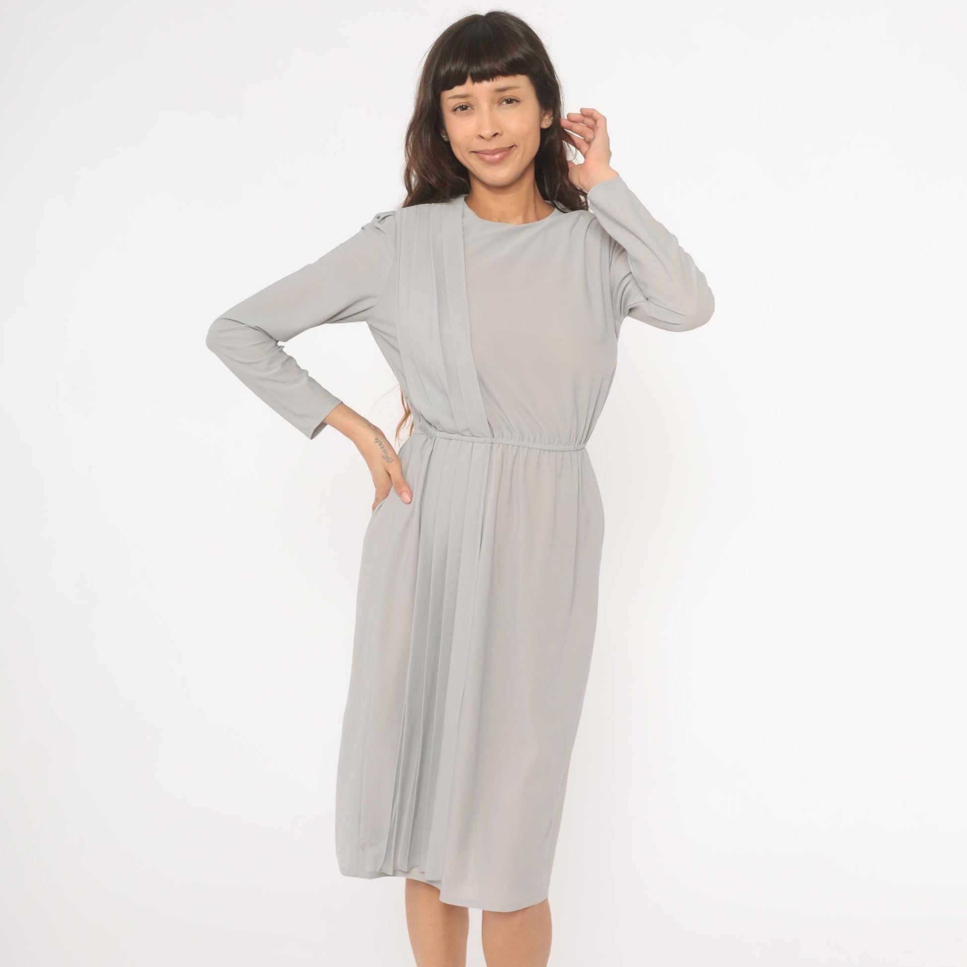 80s Grey Pleated Front Dress Pearl Button Back Long Sleeve Knee Length Small S