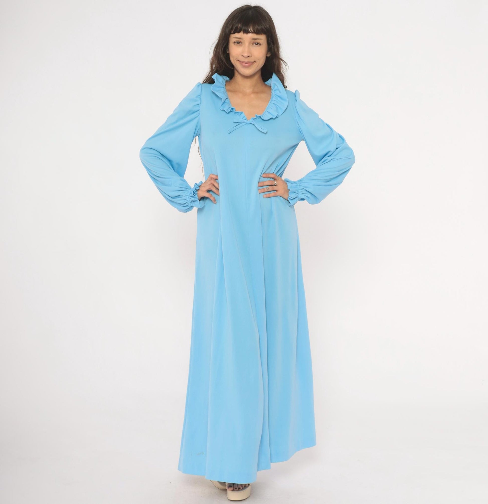 70s Sky Blue Maxi Dress Ruffle Collar Puff Sleeve A-Line Large L