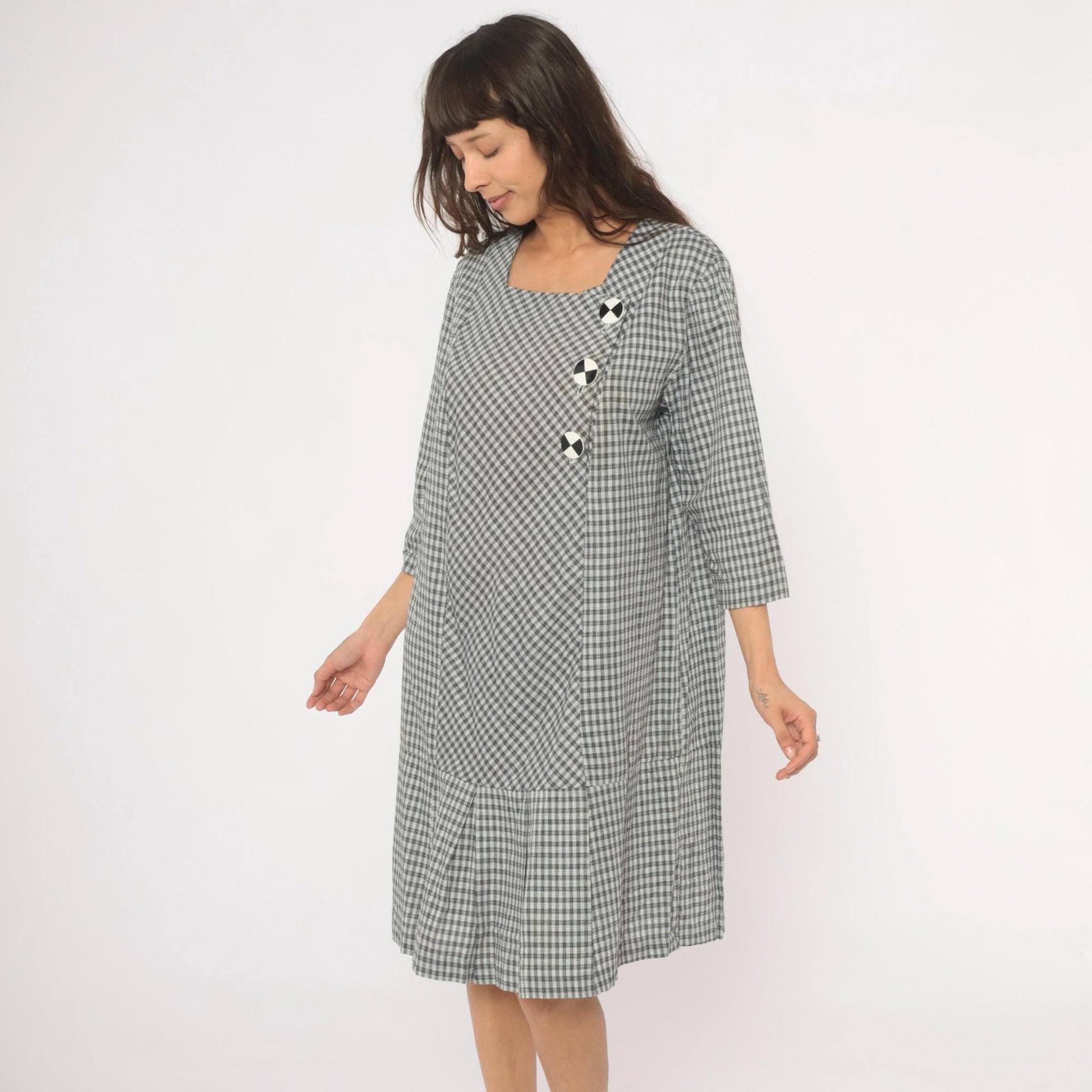 90s Be My Baby Black White Gingham Check Dress Square Neck Medium M