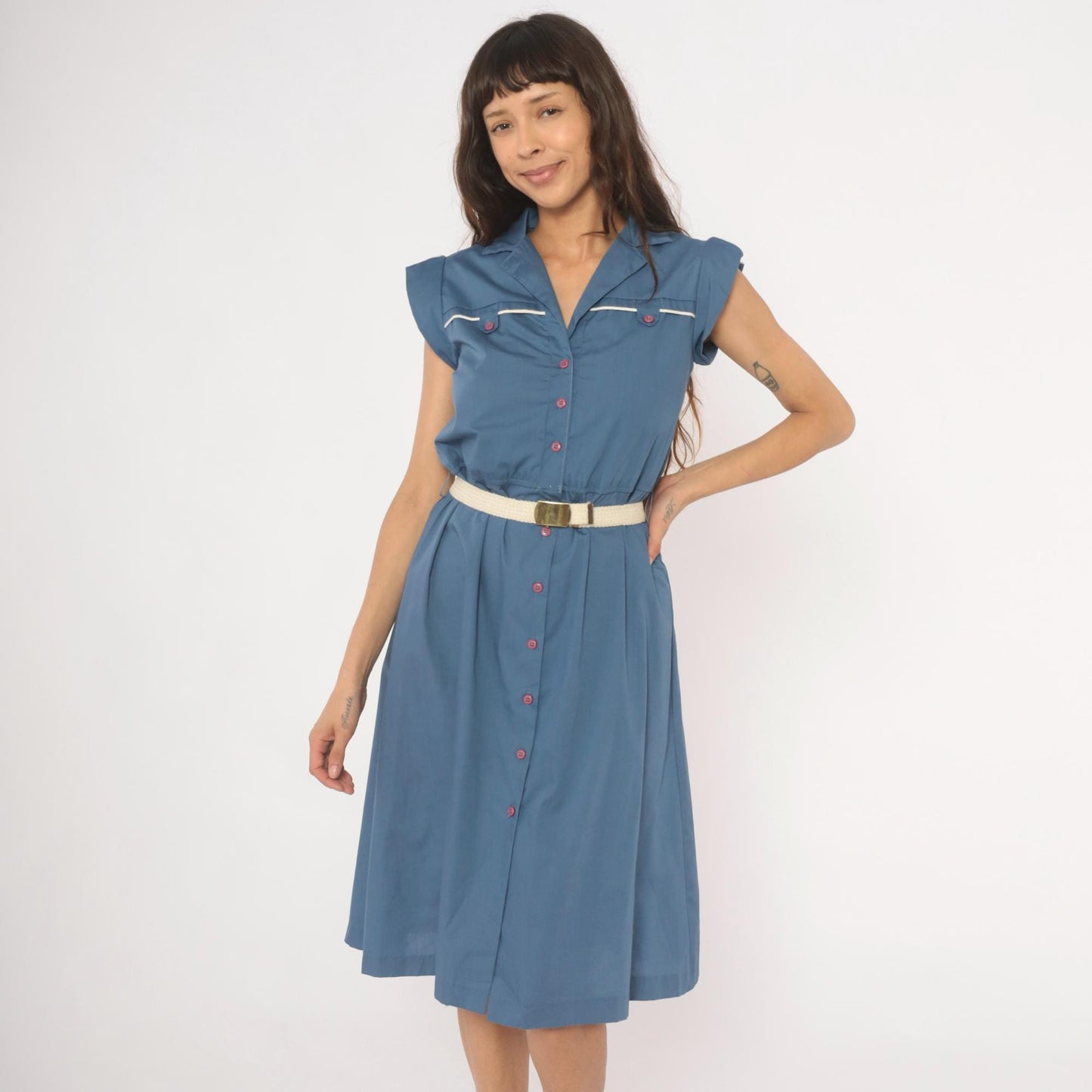 80s Slate Blue Button-Front Shirtdress Cap Sleeve Notched Collar Belted Small S