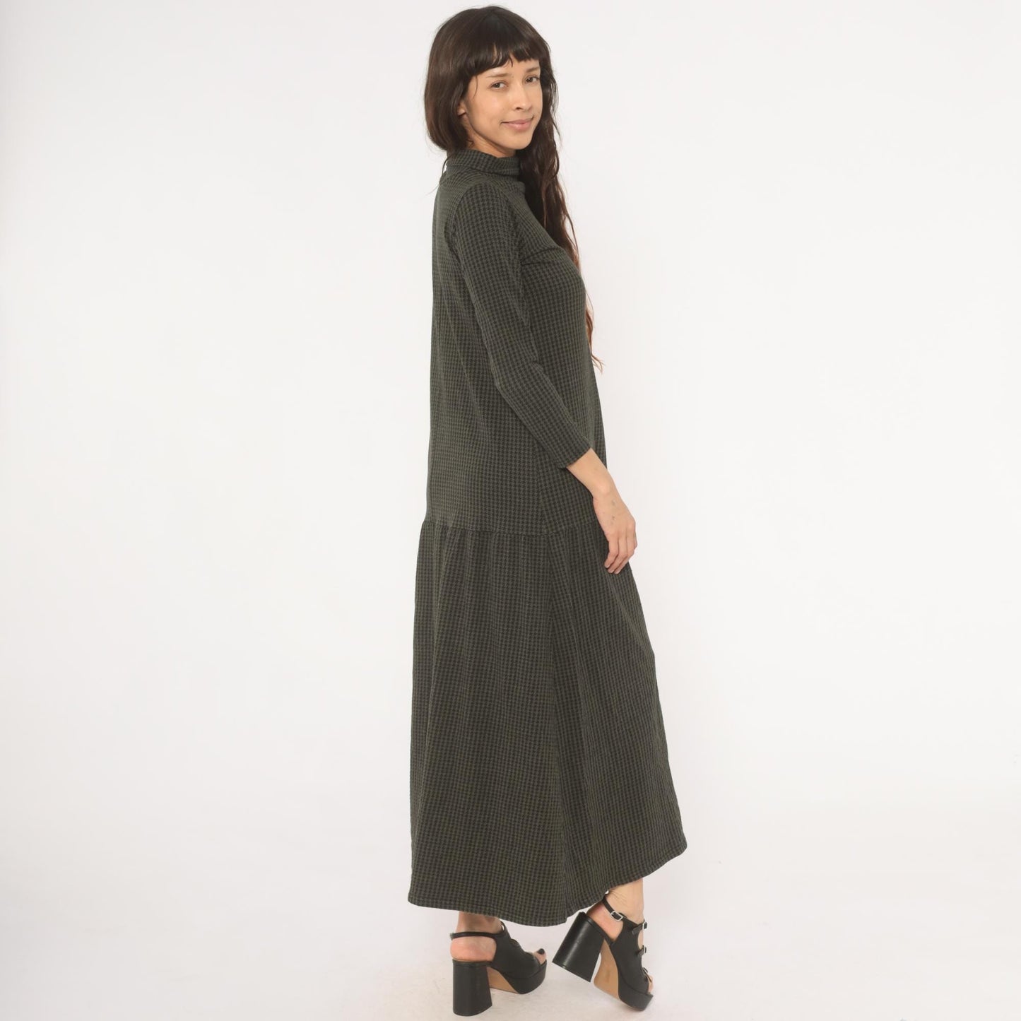 90s JP Houndstooth Maxi Dress Olive Black Funnel Neck Drop Waist Medium M