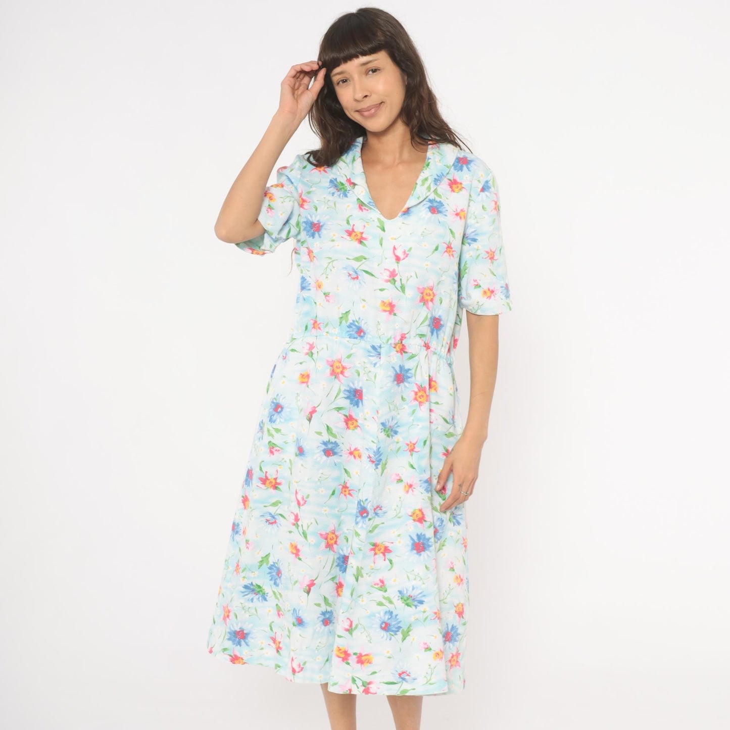 90s Light Blue Wildflower Cotton Midi Dress Pink Floral Gathered Waist Large L