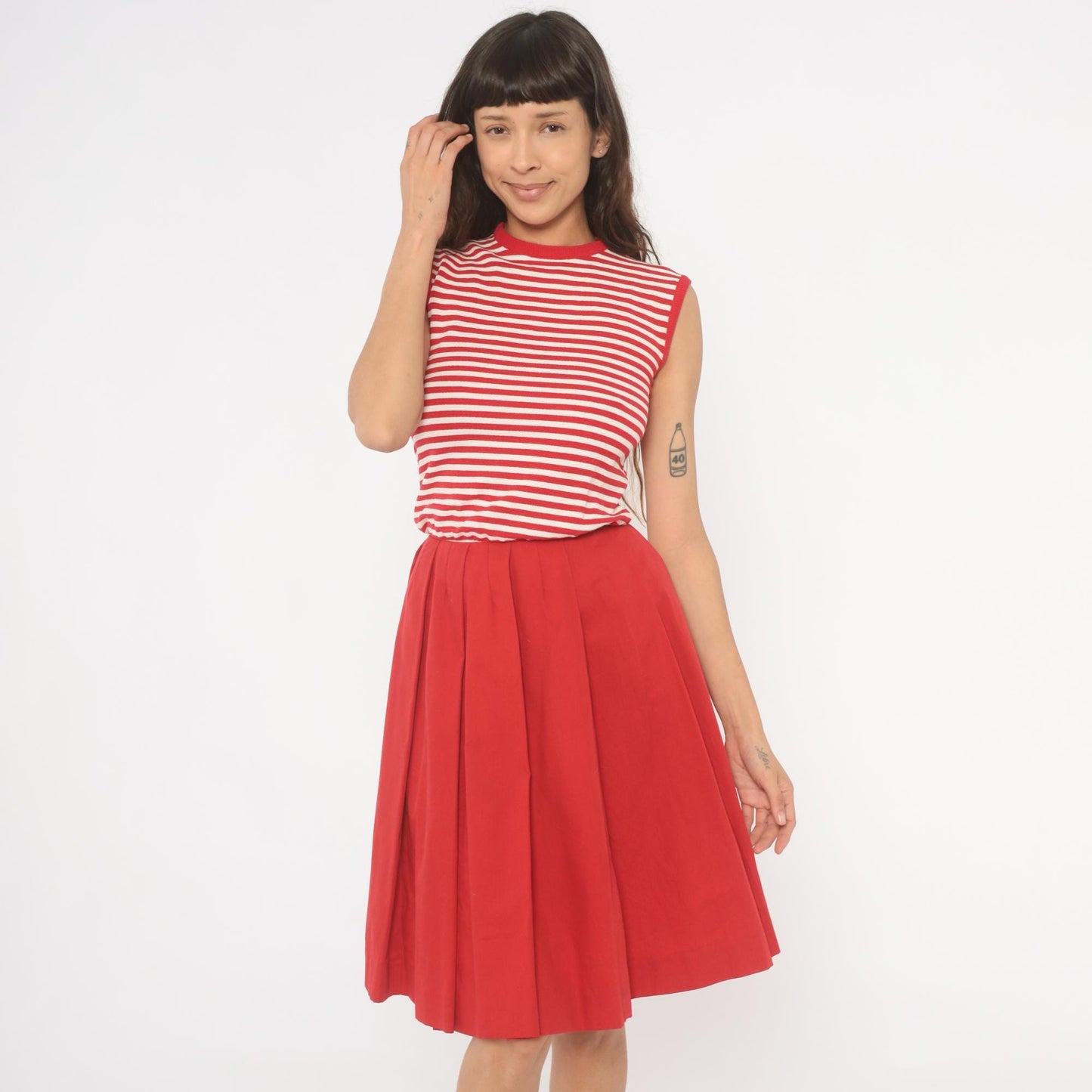70s Country Set Red White Striped Sleeveless Dress Pleated Skirt Extra Small XS