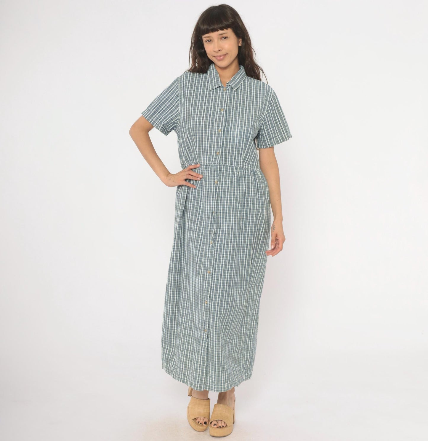 90s Studio Works Blue Plaid Cotton Maxi Shirtdress Medium