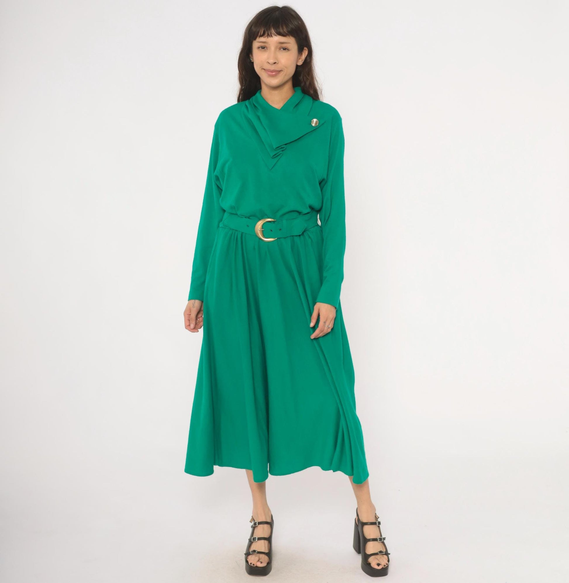 80s Positive Attitude Emerald Midi Dress Gold Buckle Belt Long Sleeve Large L