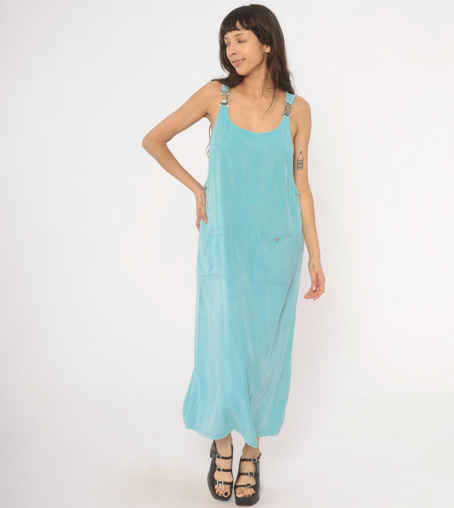 90s Froxx Sky Blue Maxi Overall Dress Sleeveless Pinafore Large L