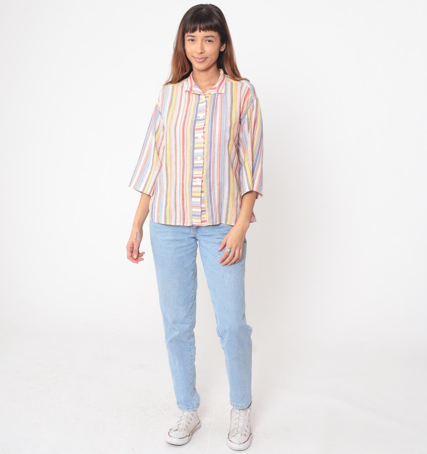 80s Lady Manhattan Rainbow Stripe Button Blouse Multicolor Cotton Medium M