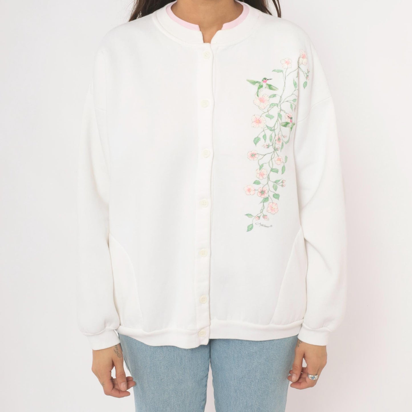 90s Artisans Hummingbird Floral Button Cardigan White Pink Cotton Large XL