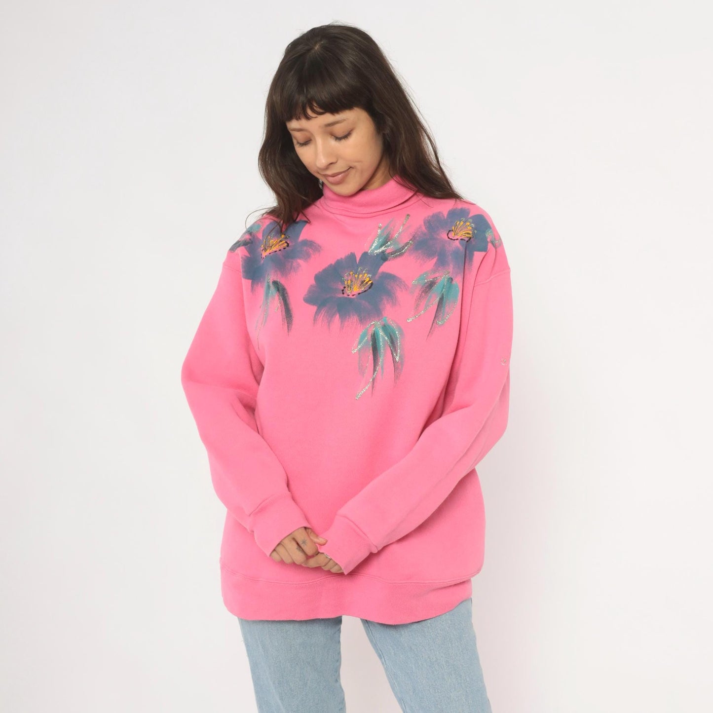 90s Tultex Pink Turtleneck Sweatshirt Floral Hand-Painted Glitter Extra Large XL