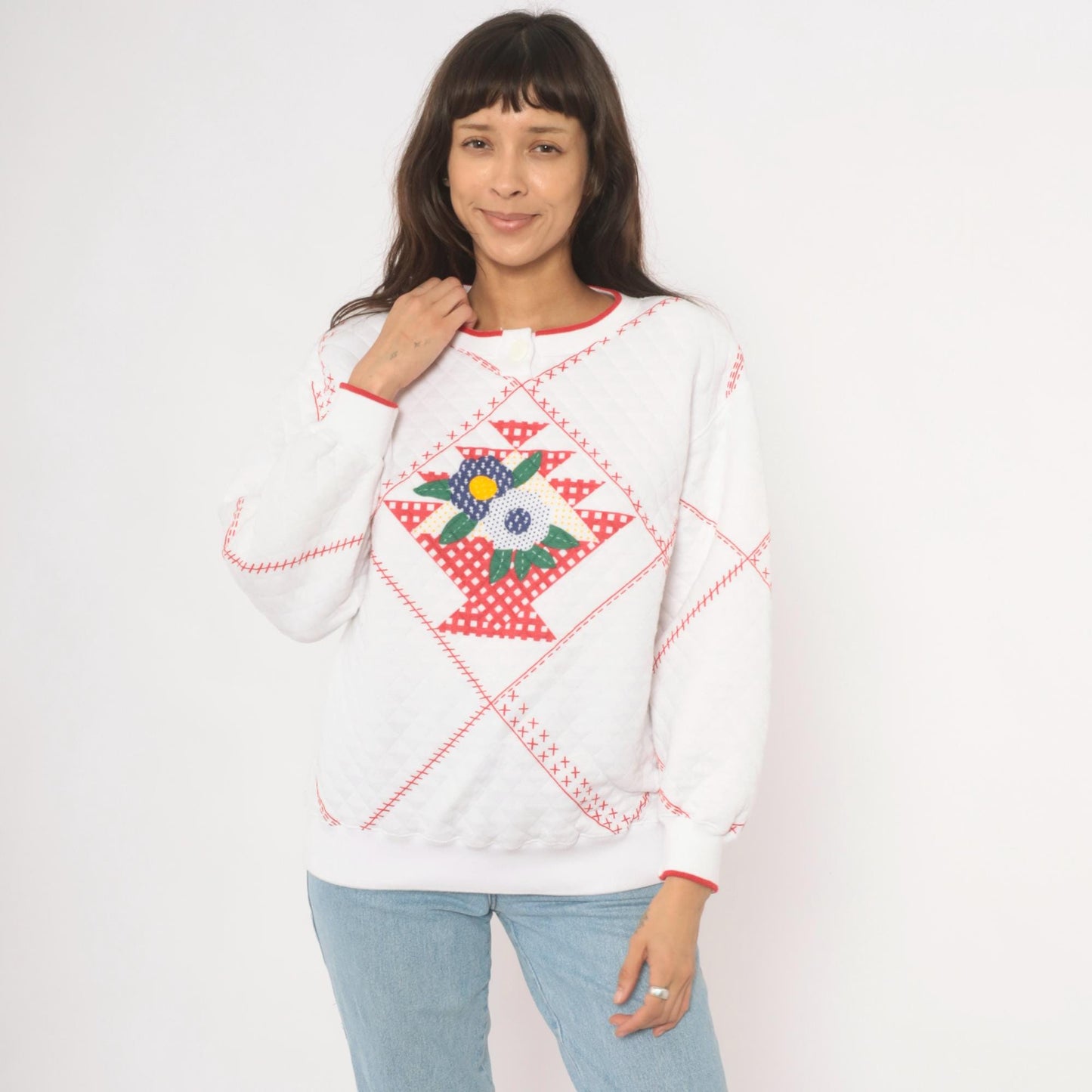 90s Jason Maxwell Quilted Floral Henley Sweatshirt White Red Cross Stitch Large L
