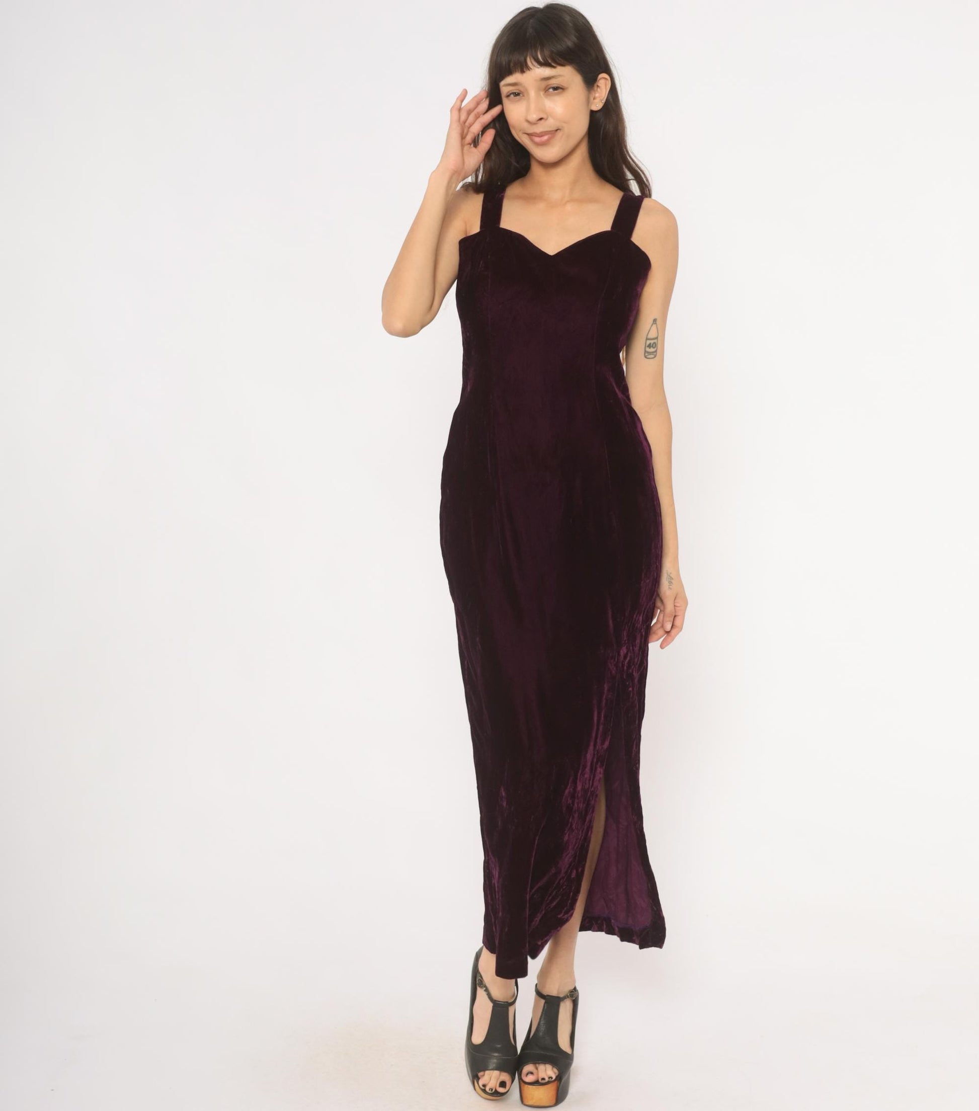 70s Plum Velvet Maxi Dress Sweetheart Neckline Side Slit Medium M