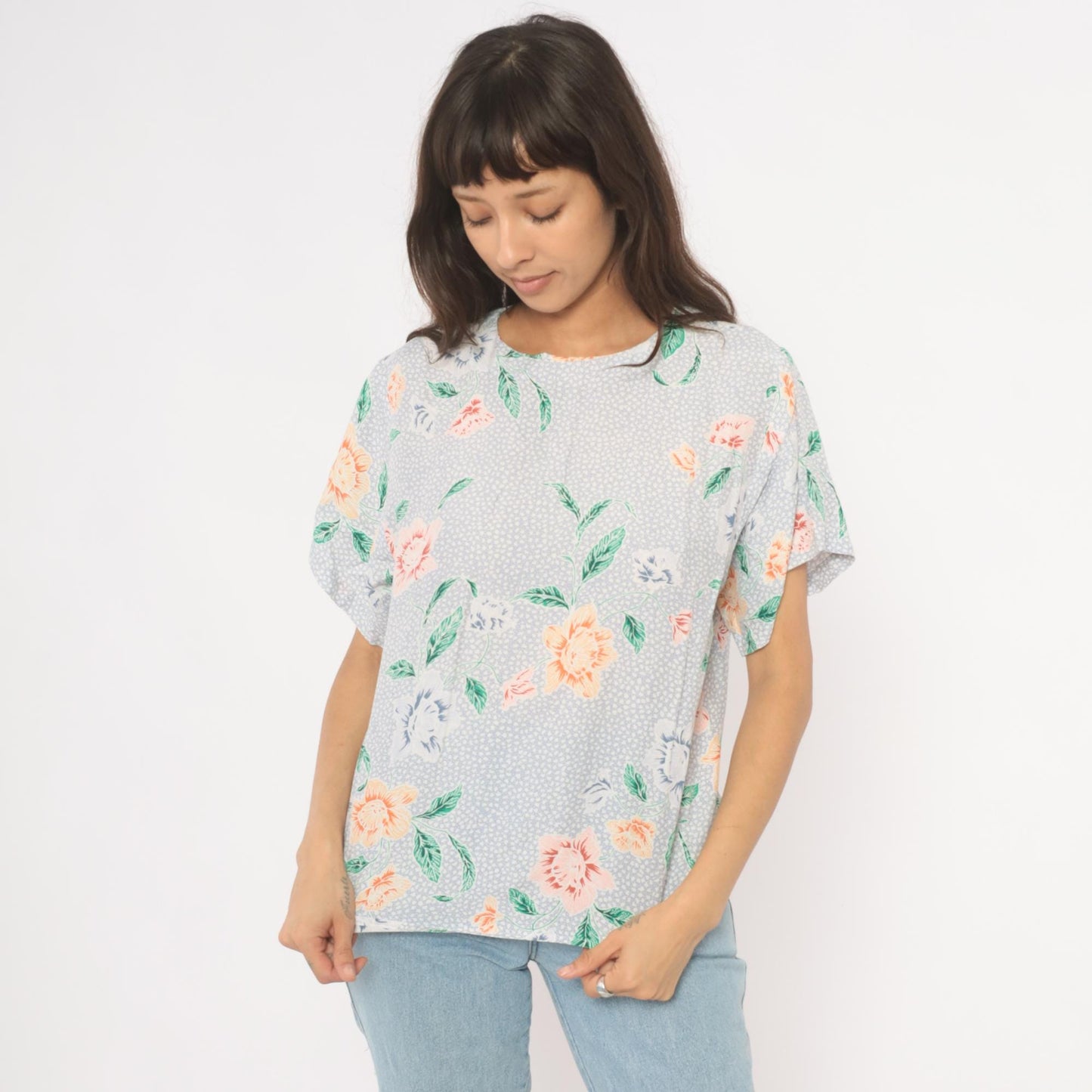 90s JH Collectibles Botanical Floral Blouse Lavender Periwinkle Medium M