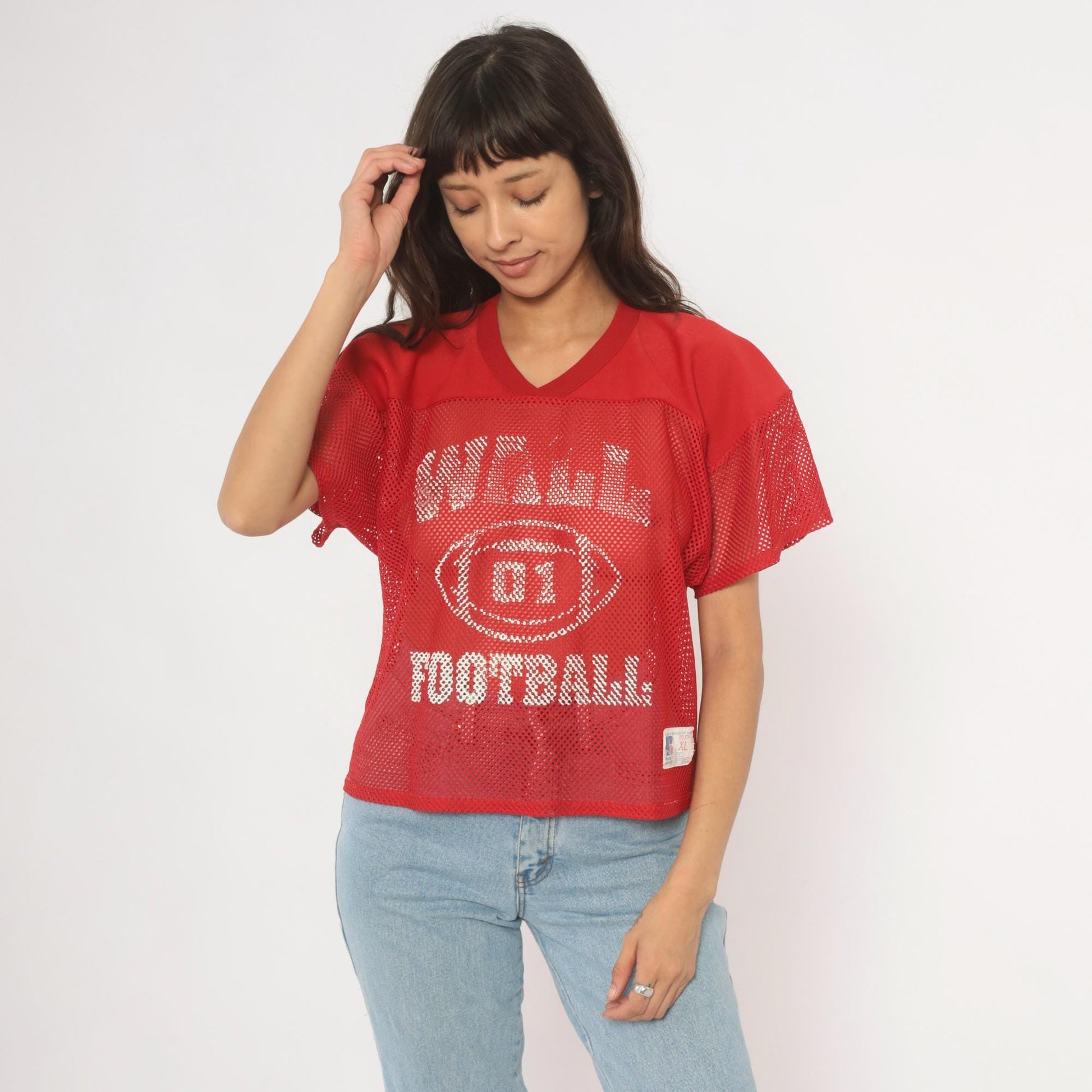 90s Russell Athletic Mesh Football Jersey Red Graphic Crop Medium