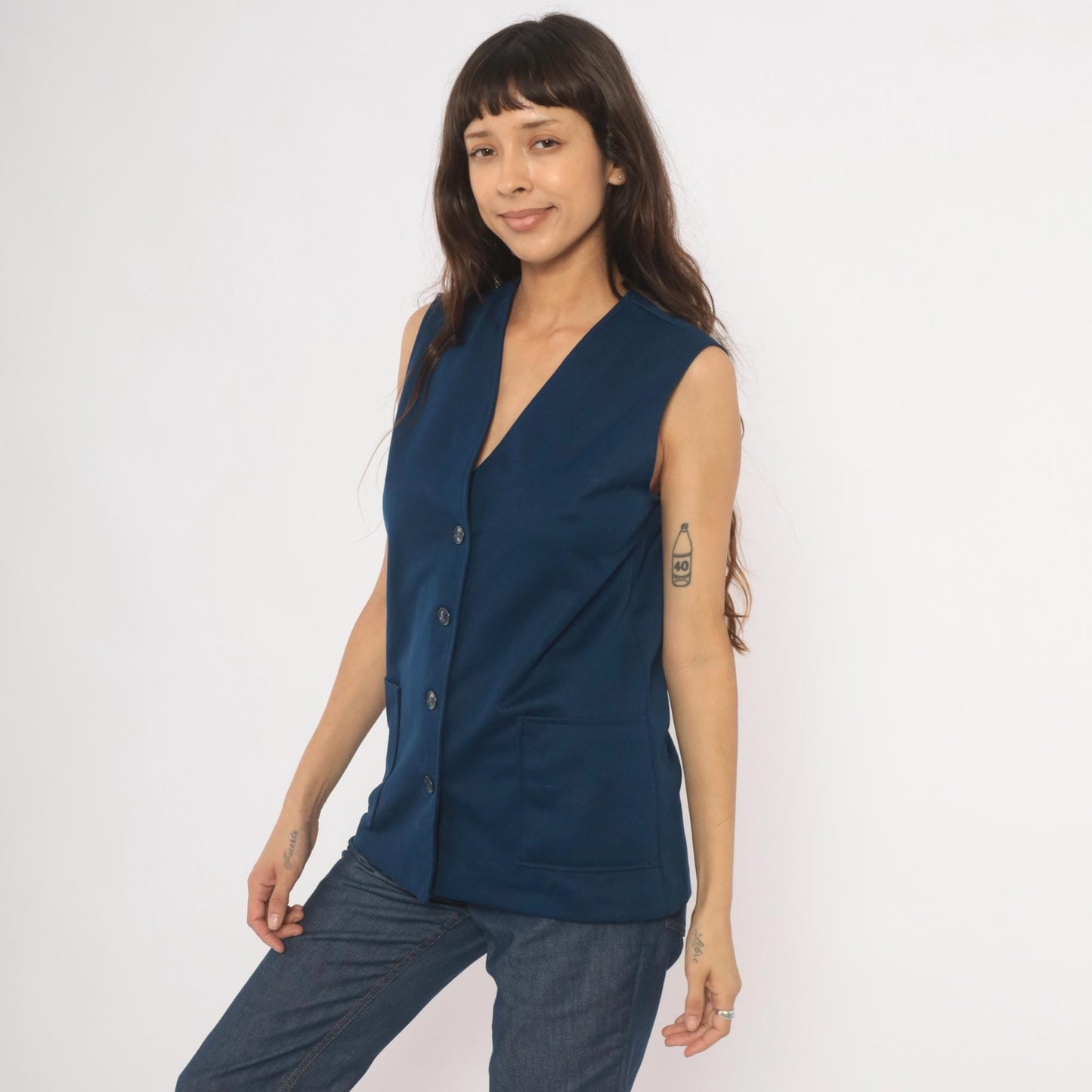 70s Navy Button Front Vest V Neck Longline Knit Top Medium M