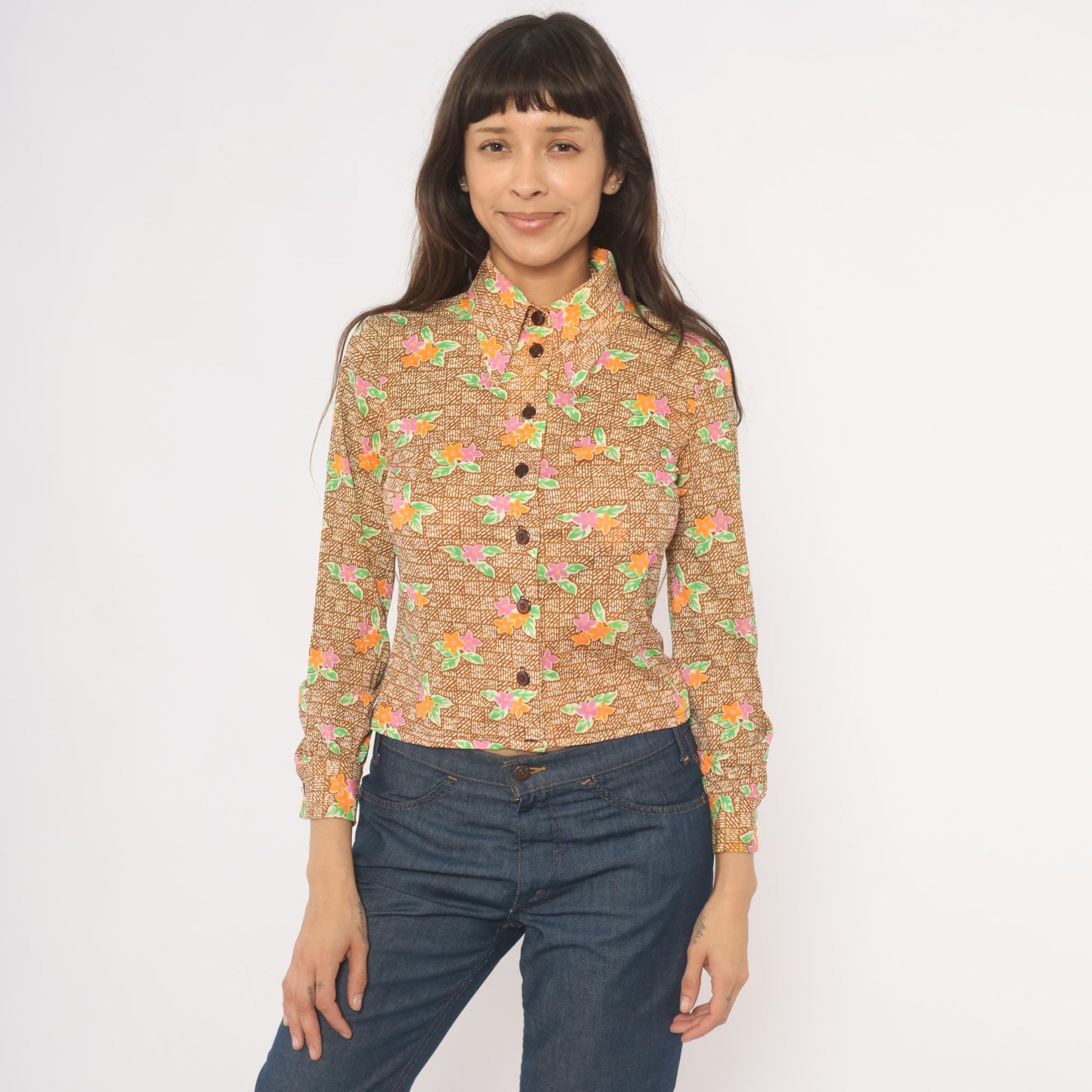 70s Floral Button-Up Blouse Pointed Collar Brown Pink Orange Green Small
