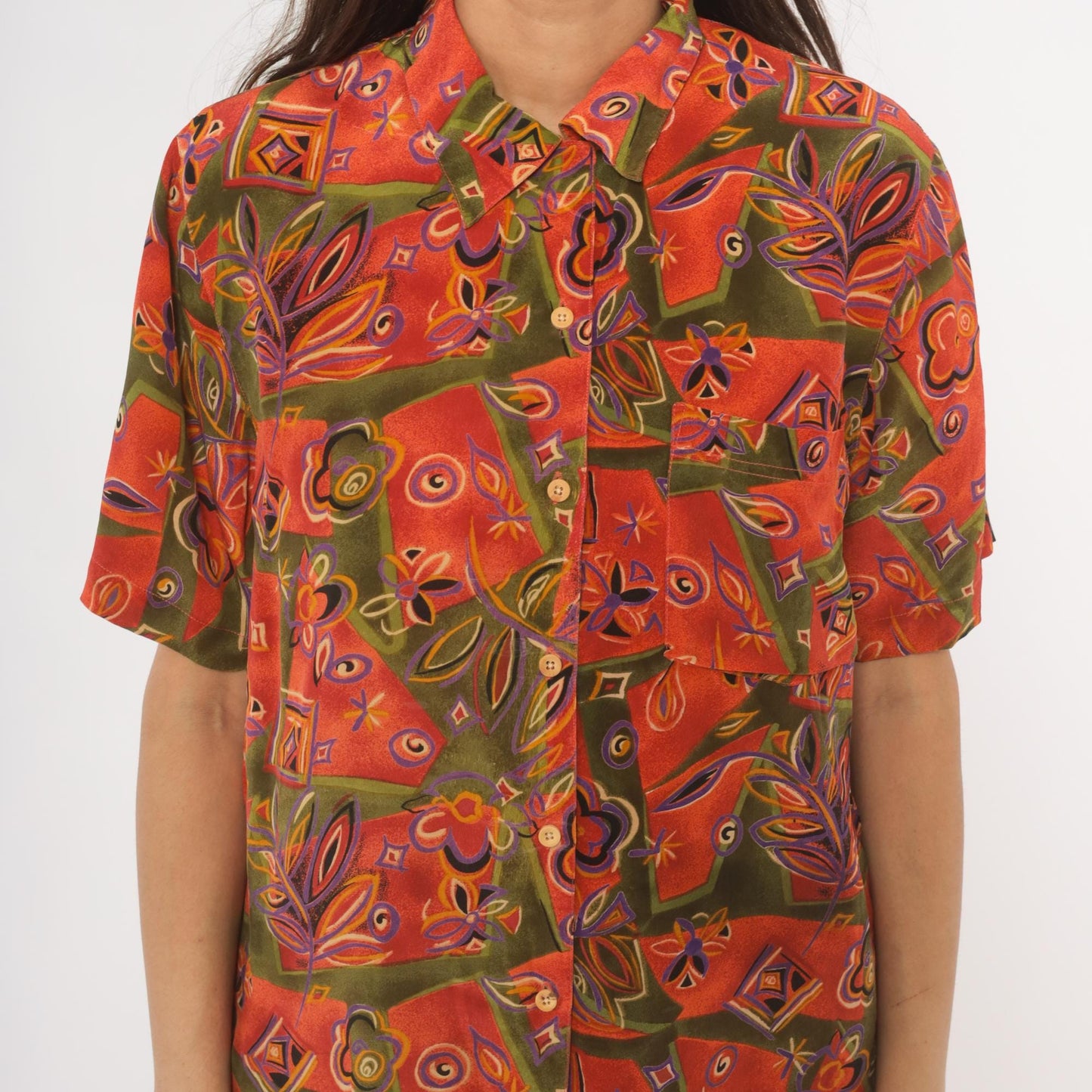 90s Quo-Silk Abstract Patchwork Silk Shirt Orange Olive Purple Camp Collar Medium