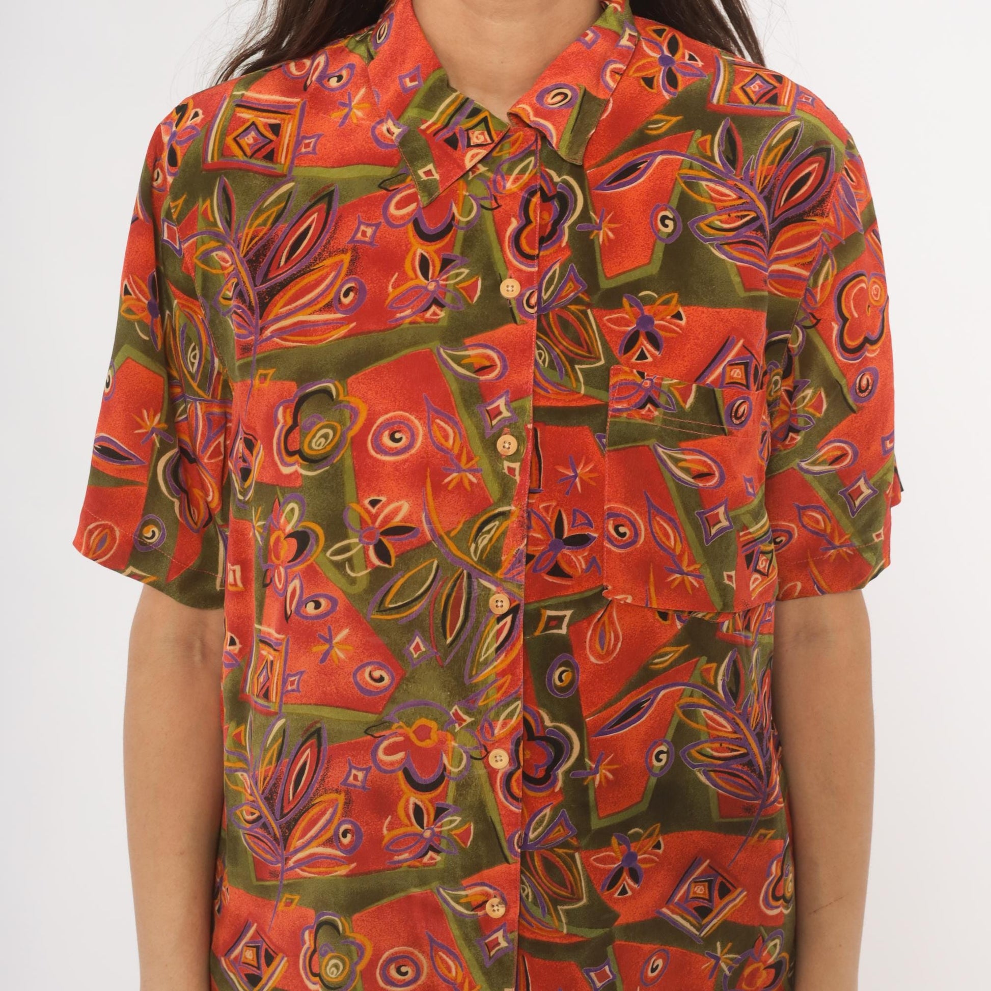 90s Quo-Silk Abstract Patchwork Silk Shirt Orange Olive Purple Camp Collar Medium