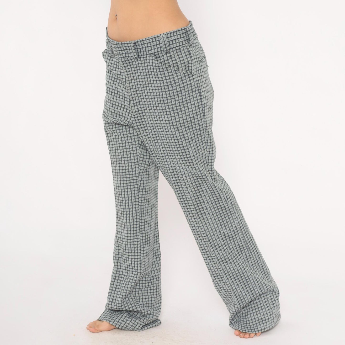 70s Houndstooth Trousers Blue Grey High Rise Straight Leg Slacks 35