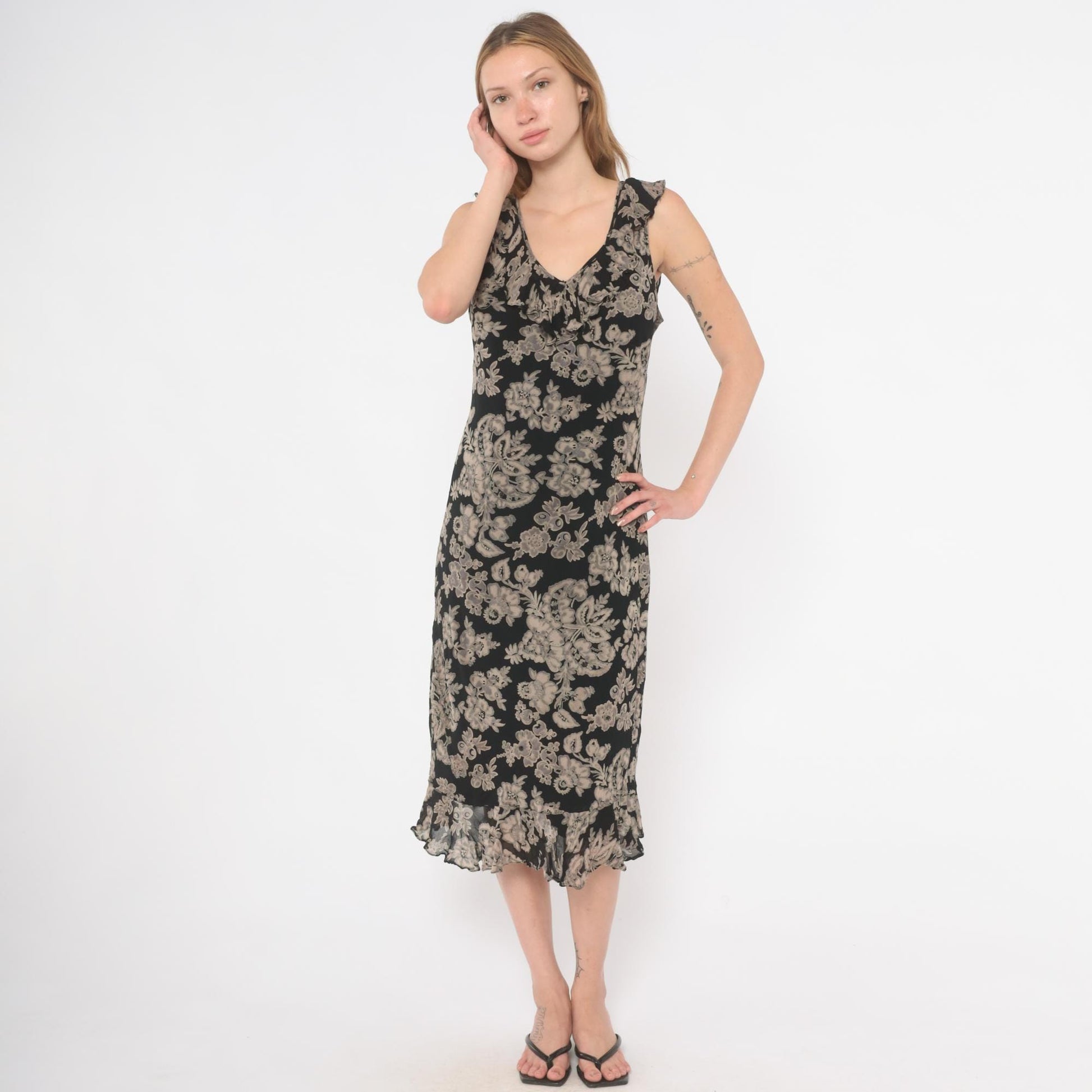 90s Black Grey Floral Midi Dress V-Neck Ruffle Chiffon Medium M