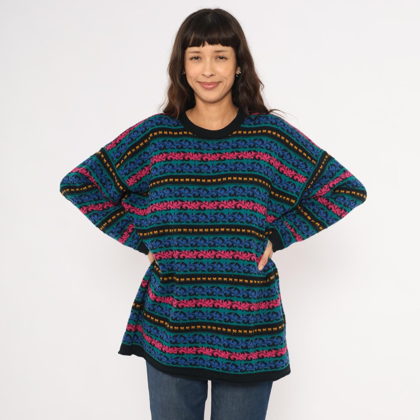 90s Jacque & Koko Jacquard Knit Sweater Teal Scroll Pattern Crew Neck Extra Large XL